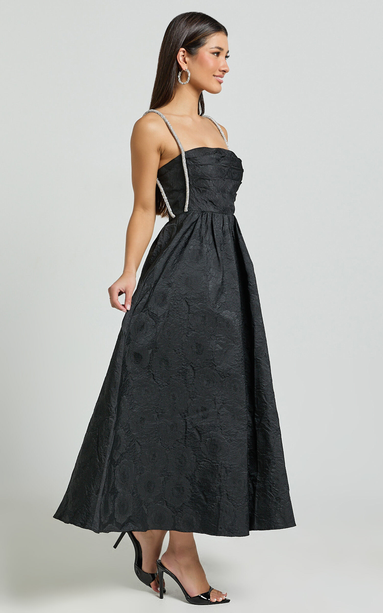 Alvia Midi Dress - Diamante Strap Ruched Straight Neck Dress in Black