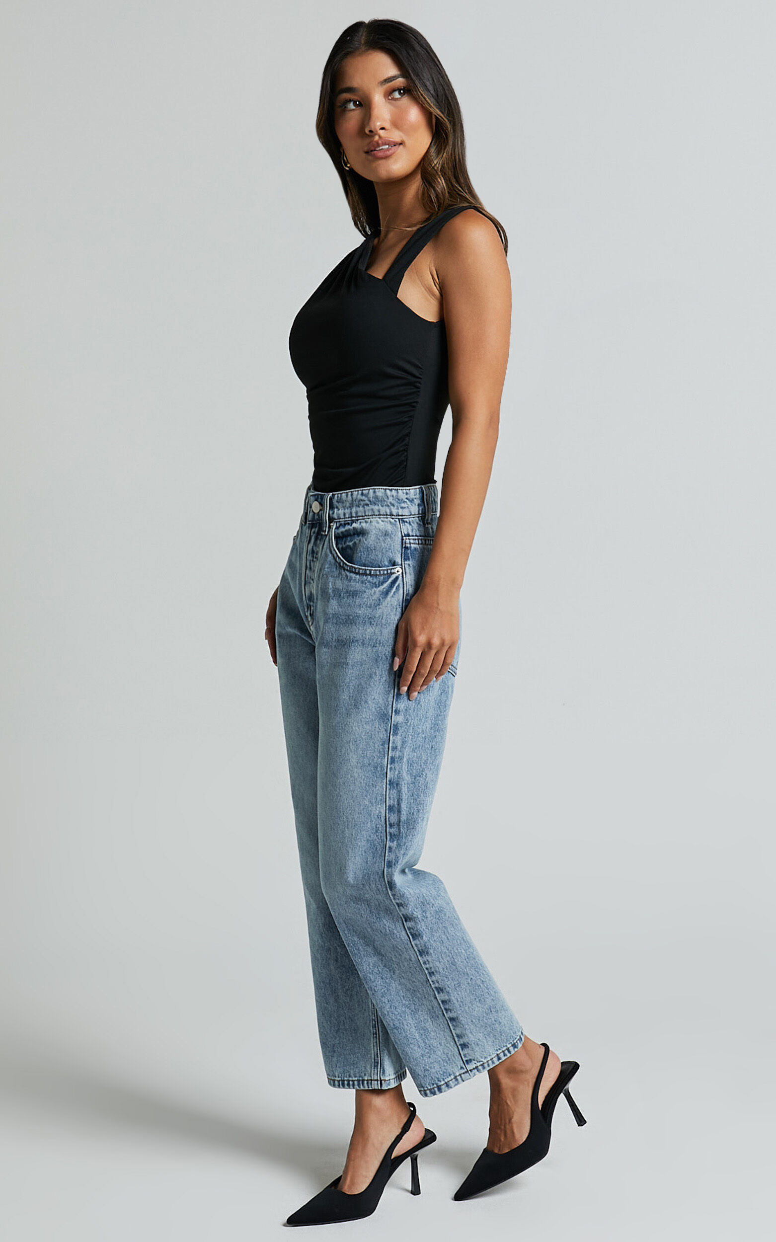Wilkins Jeans - High Waisted Straight Leg Cropped Hem Jeans in Mid Blue Wash
