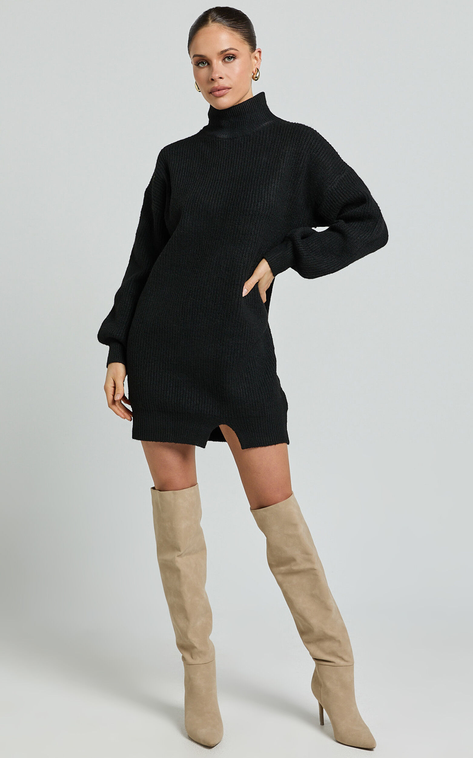 Tianna Mini Dress - Knitted Side Split Jumper Dress in Black