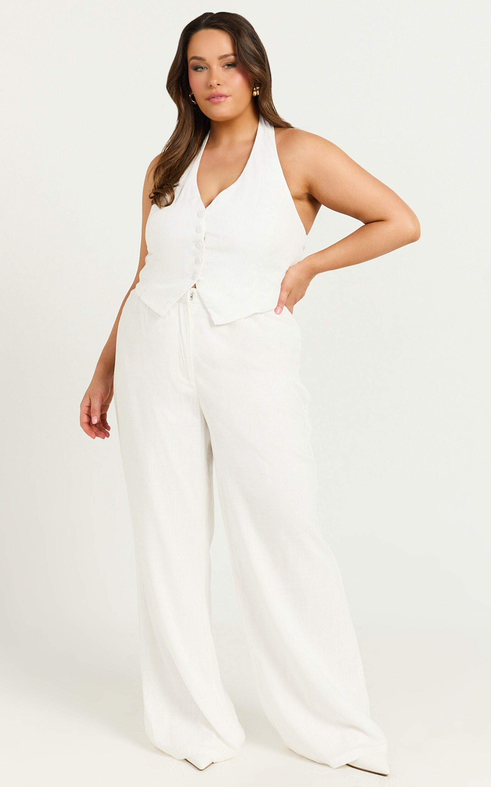 Linette Jumpsuit - Halter Neck Button Through Vest Tailored Wide Leg Jumpsuit in White