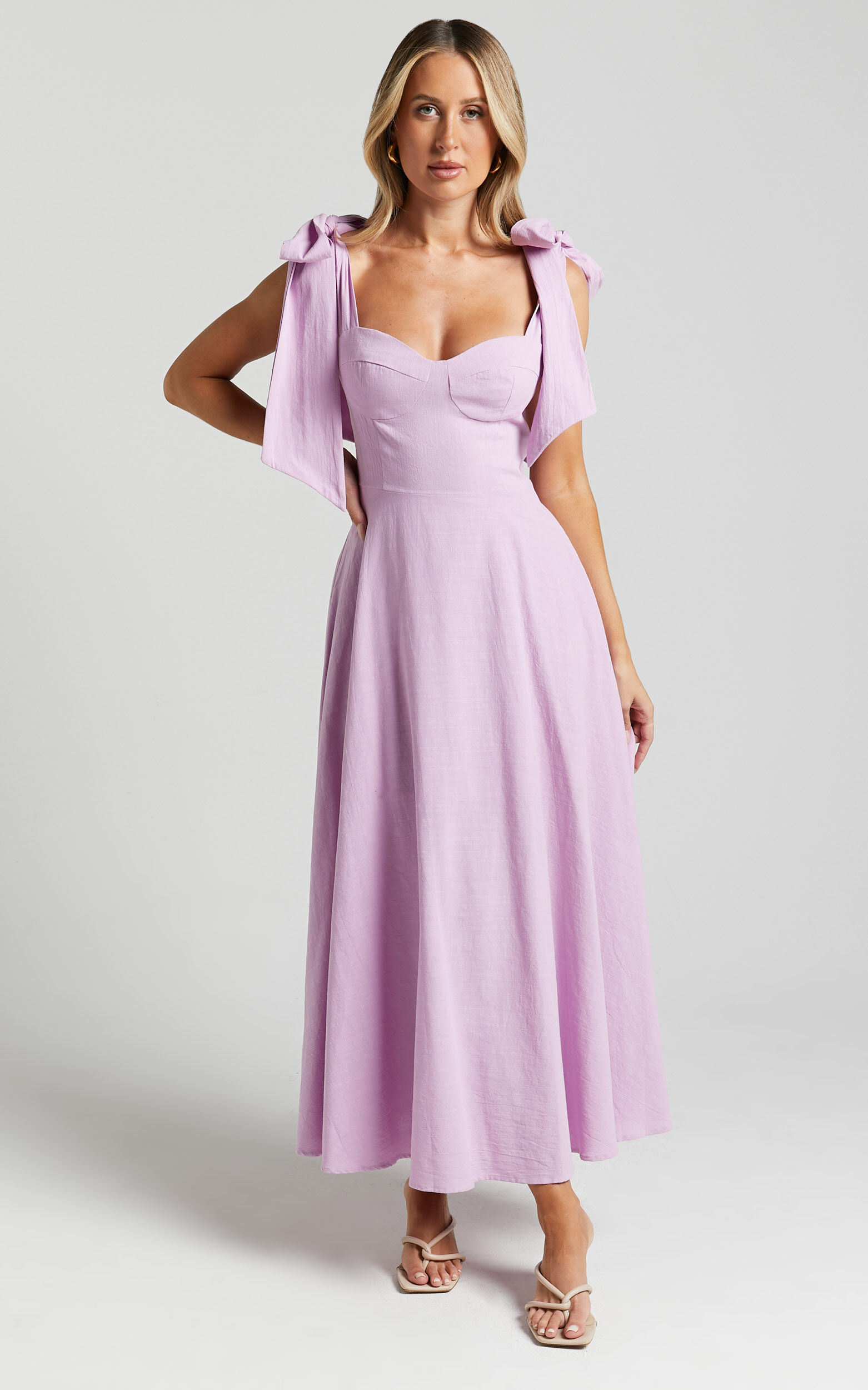 Tymia Midi Dress - Shoulder Tie Bustier Shirred Back A Line in Lavender
