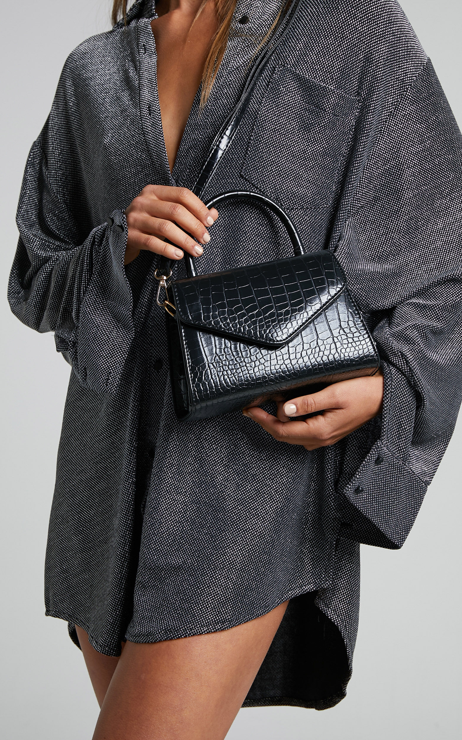 Marilou Bag - Croc Embossed Top Handle Bag in Black