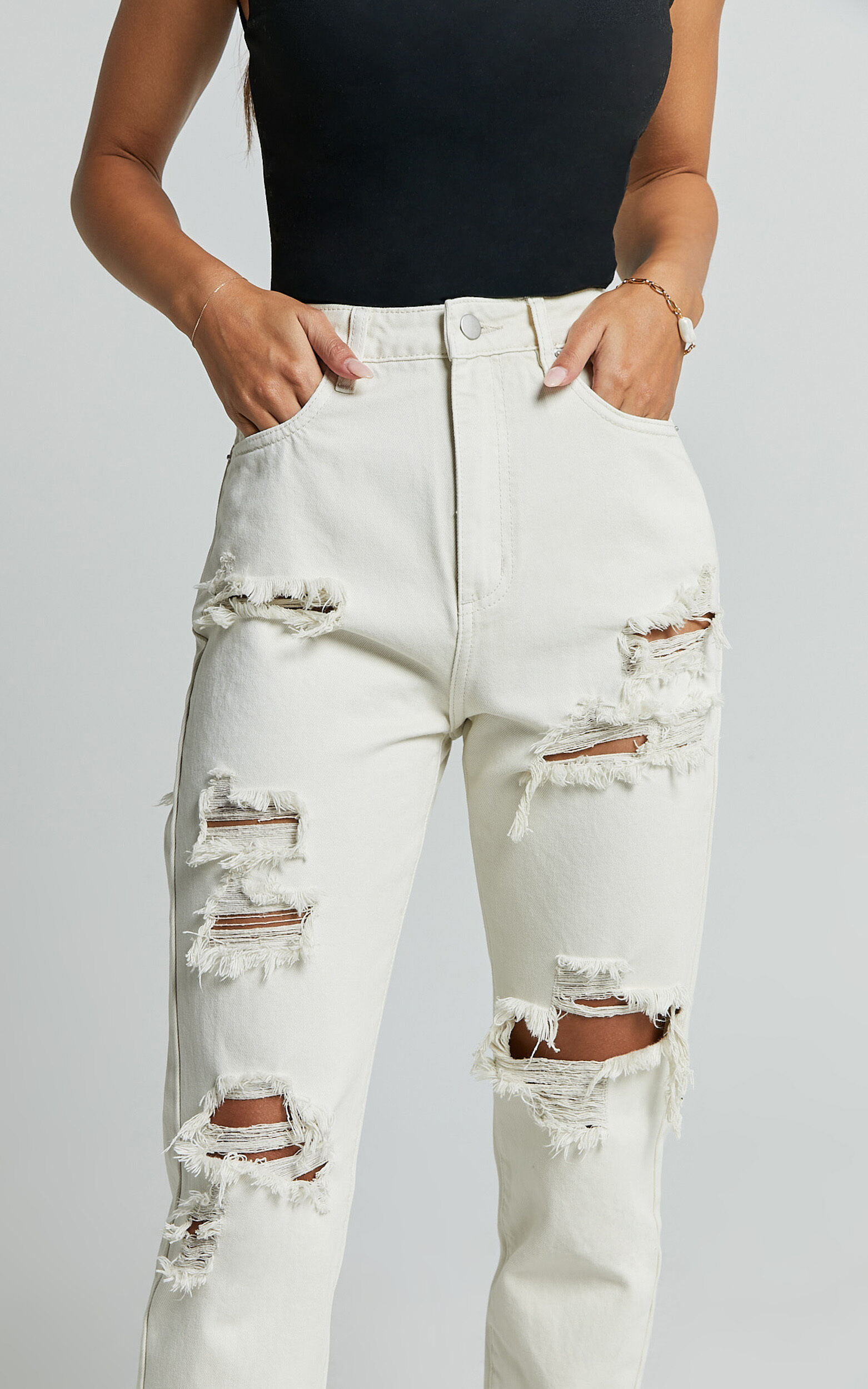 Billie Jeans - High Waisted Cotton Distressed Mom Denim Jeans in Ecru