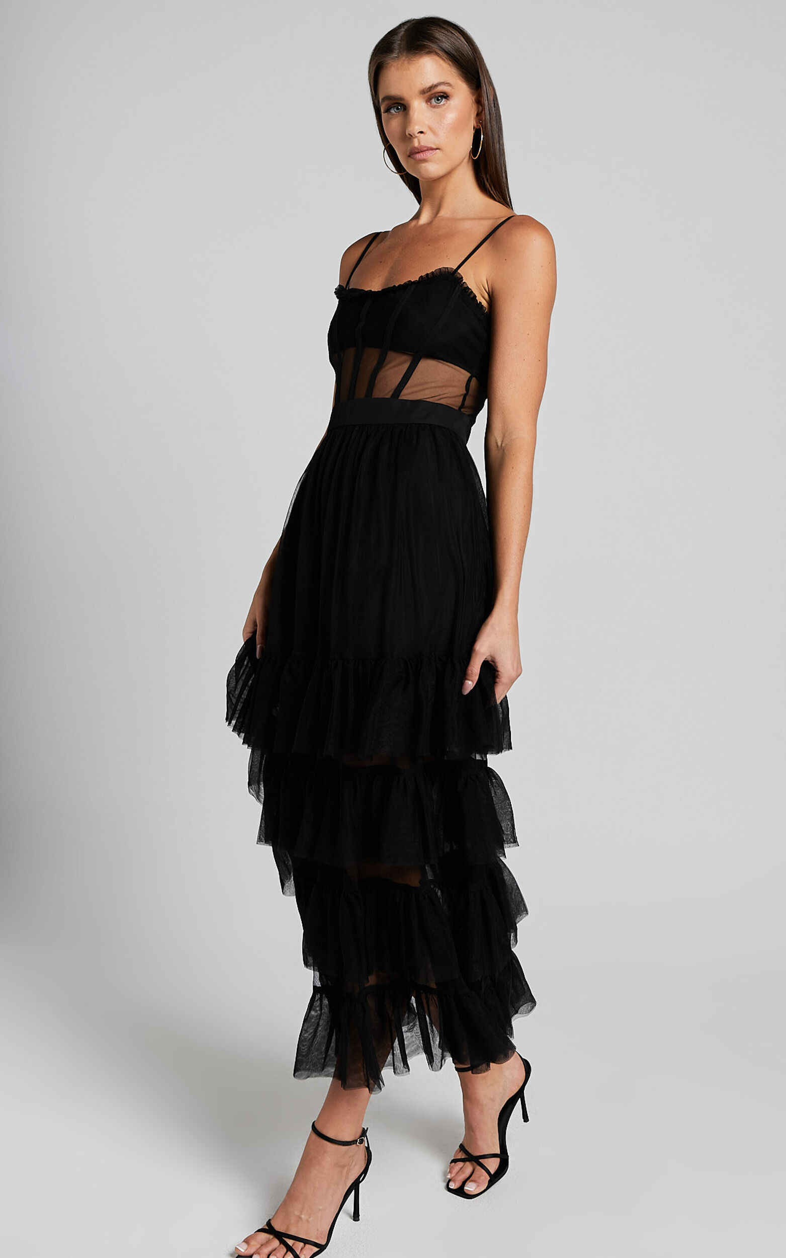 Evelynn Maxi Dress - Sweetheart Corset Bodice Fit & Flare Tiered in Black