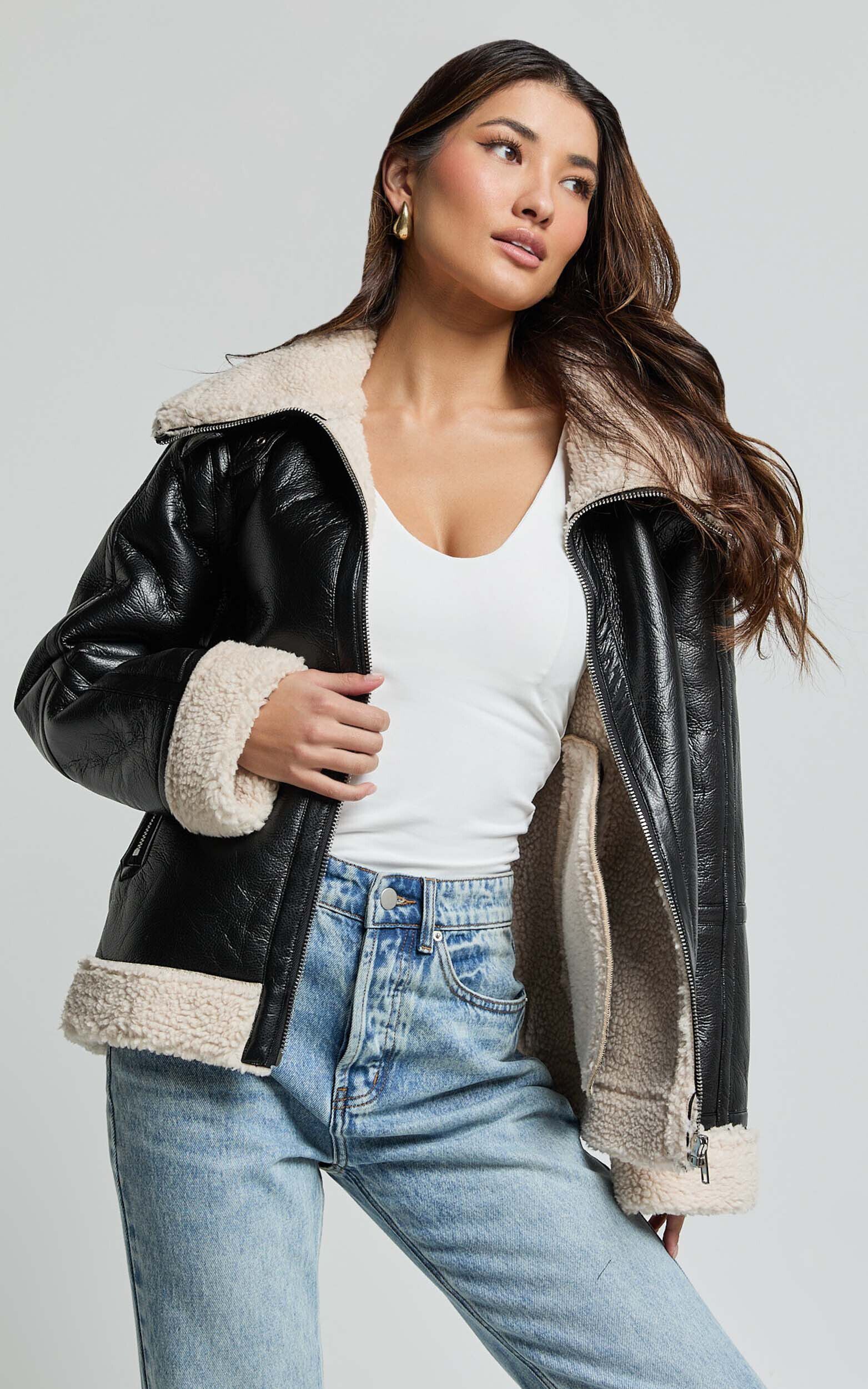 Willa Jacket - Faux Leather Shearling Aviator Jacket in Black