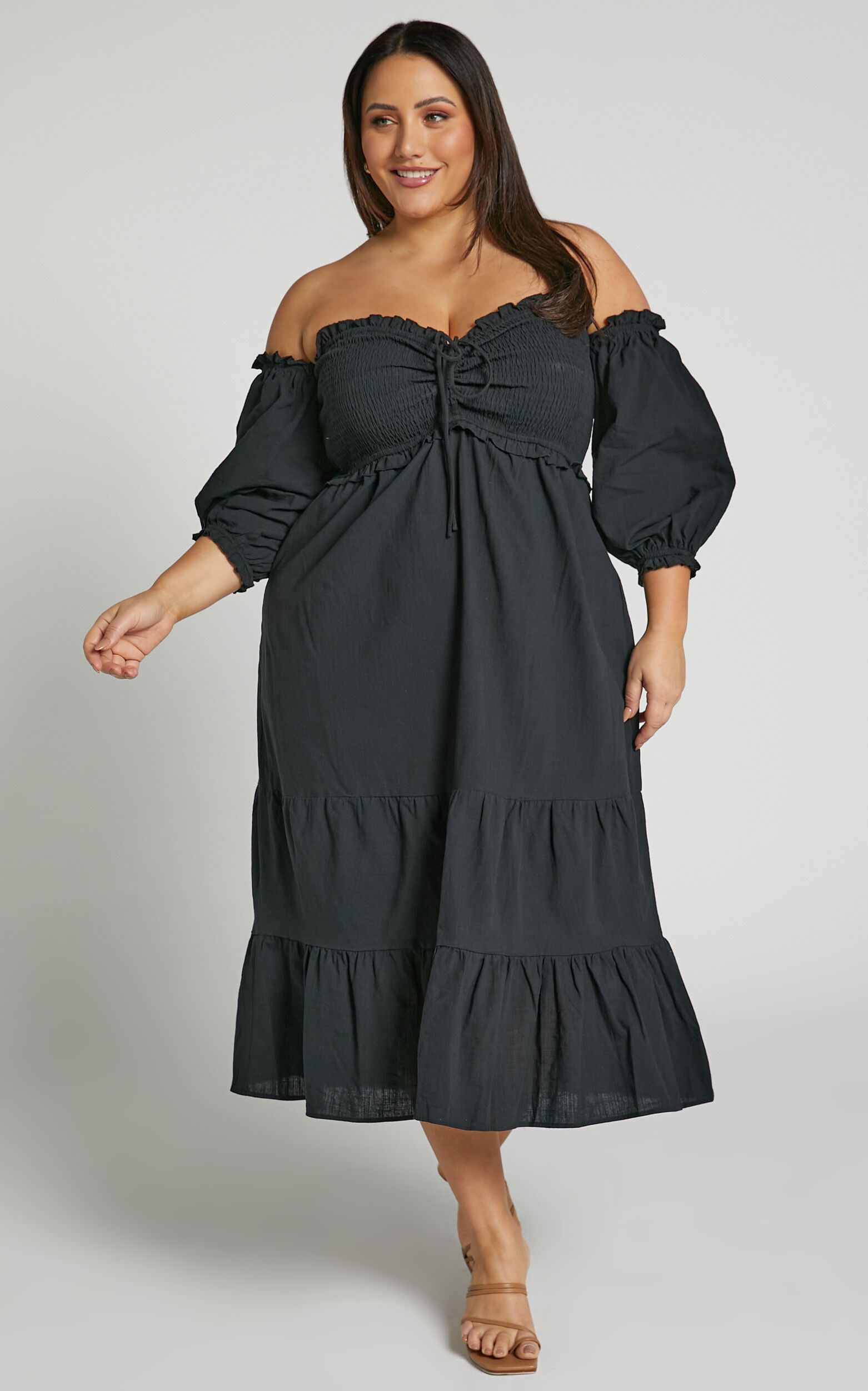 Nikka Midi Linen Dress - Shirred Off Shoulder Puff Sleeve Dress in Black