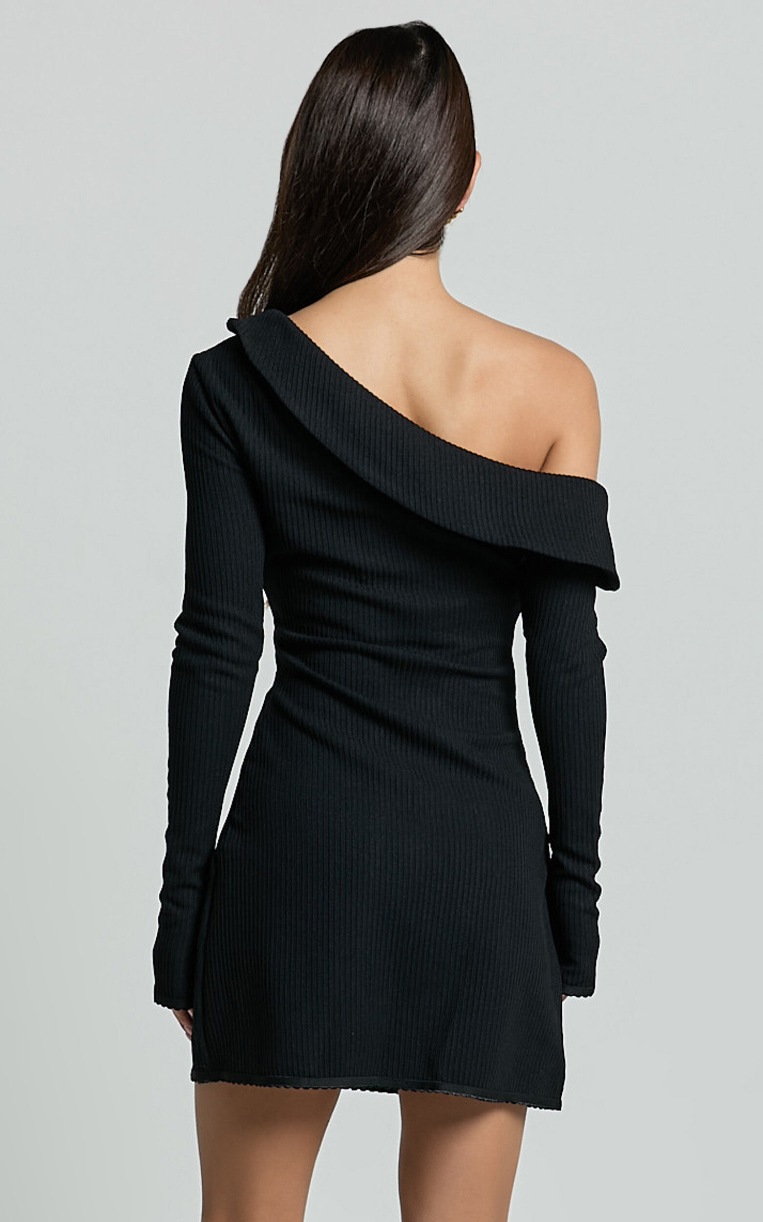 Danielle Mini Dress - Off Shoulder Long Sleeve Fitted Dress in Black