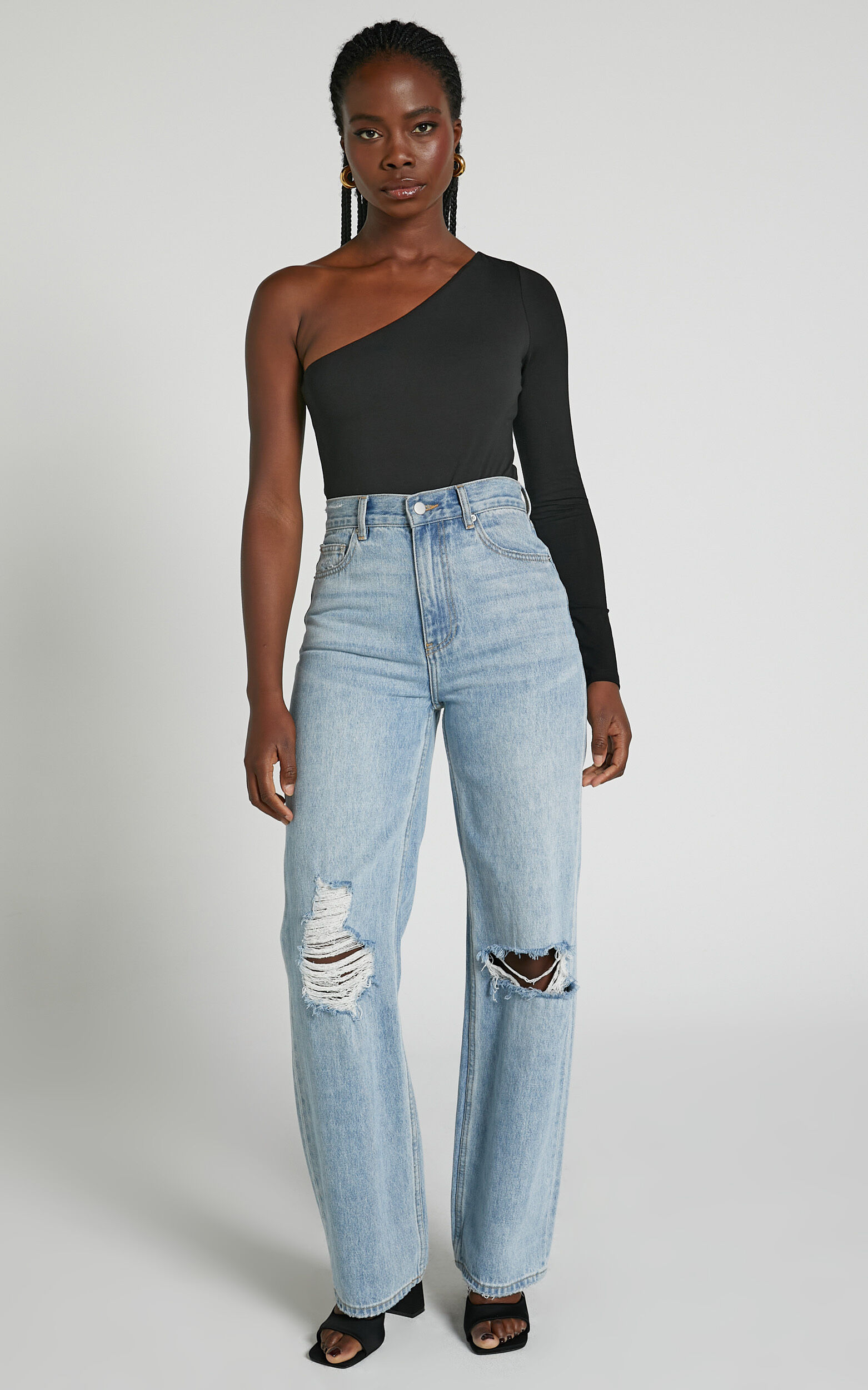 Khanley Bodysuit - One Shoulder Long Sleeve Bodysuit in Black