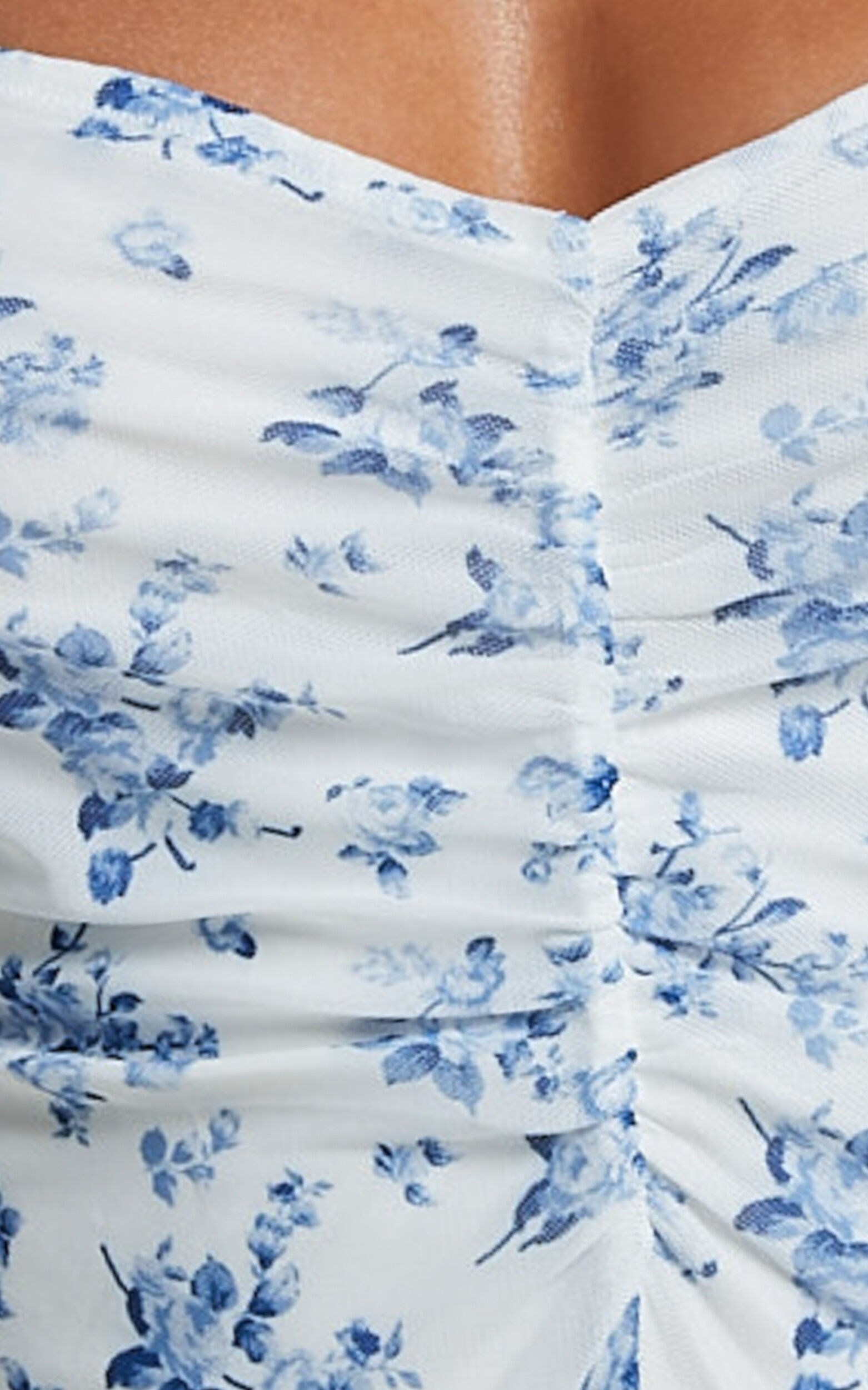 Emae Bodysuit - Long Sleeve Sweetheart Mesh Bodysuit in Blue Floral