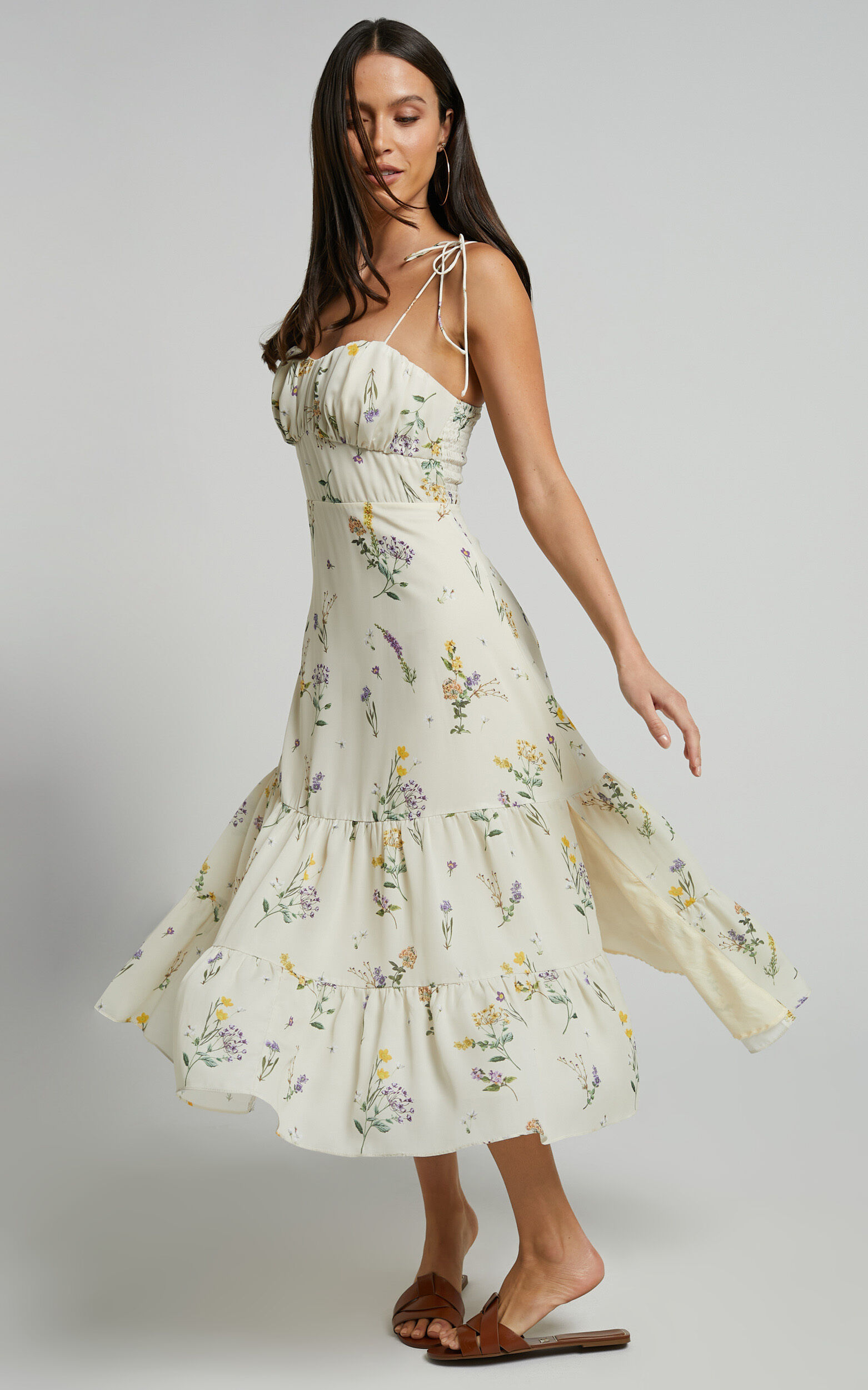 Monaco Midi Dress - Strappy Sweetheart Tiered Dress in Botanical floral