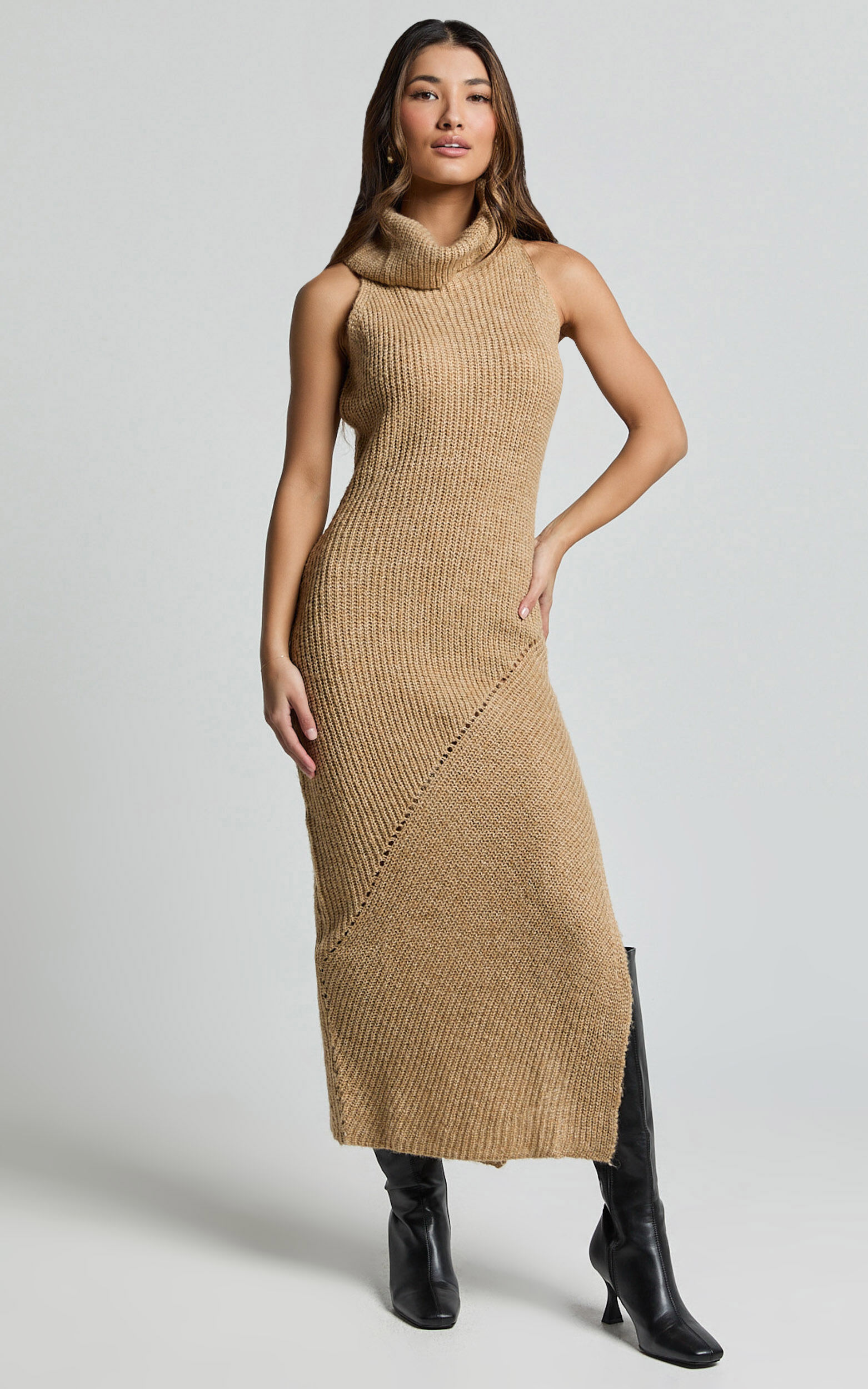 Alaina Midi Dress - Recycled Polyester Knitted Roll Neck Dress in Caramel