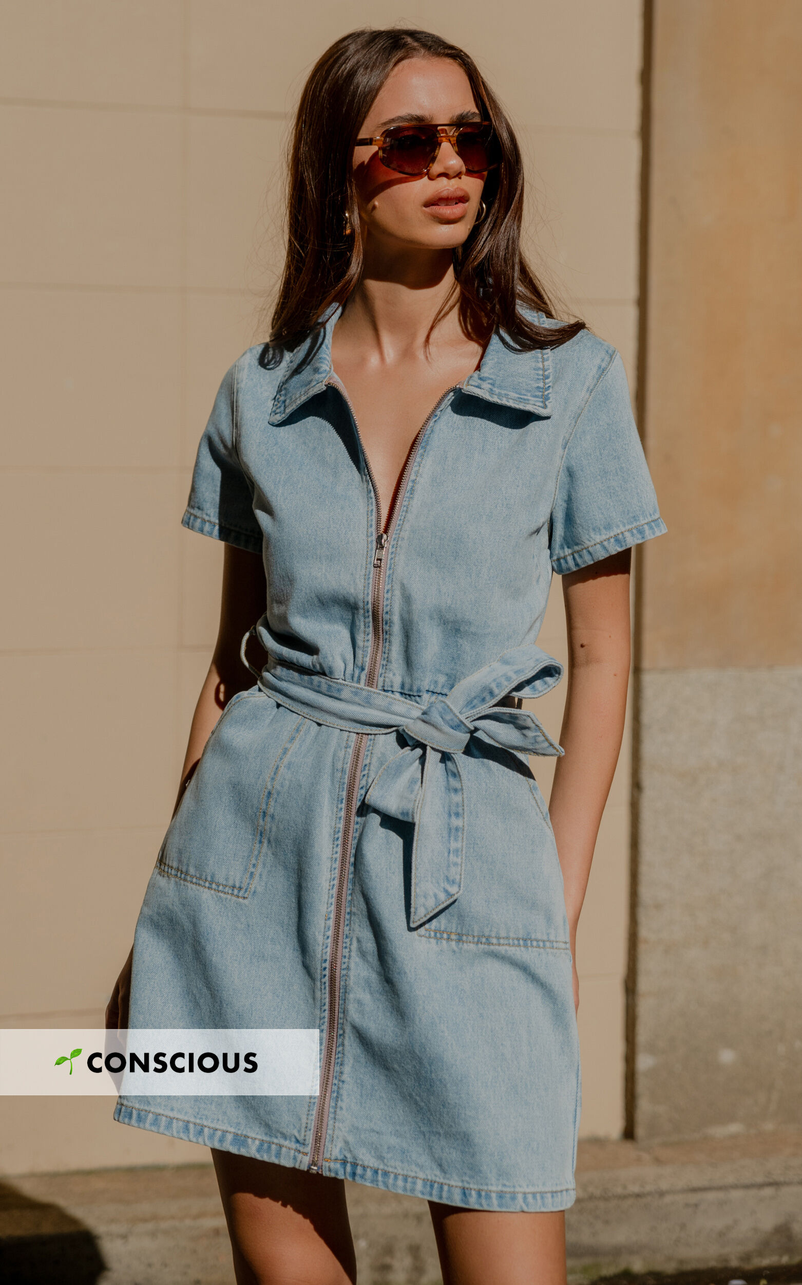 Nandini Mini Dress - Zip Through Denim Dress in Light Blue Wash