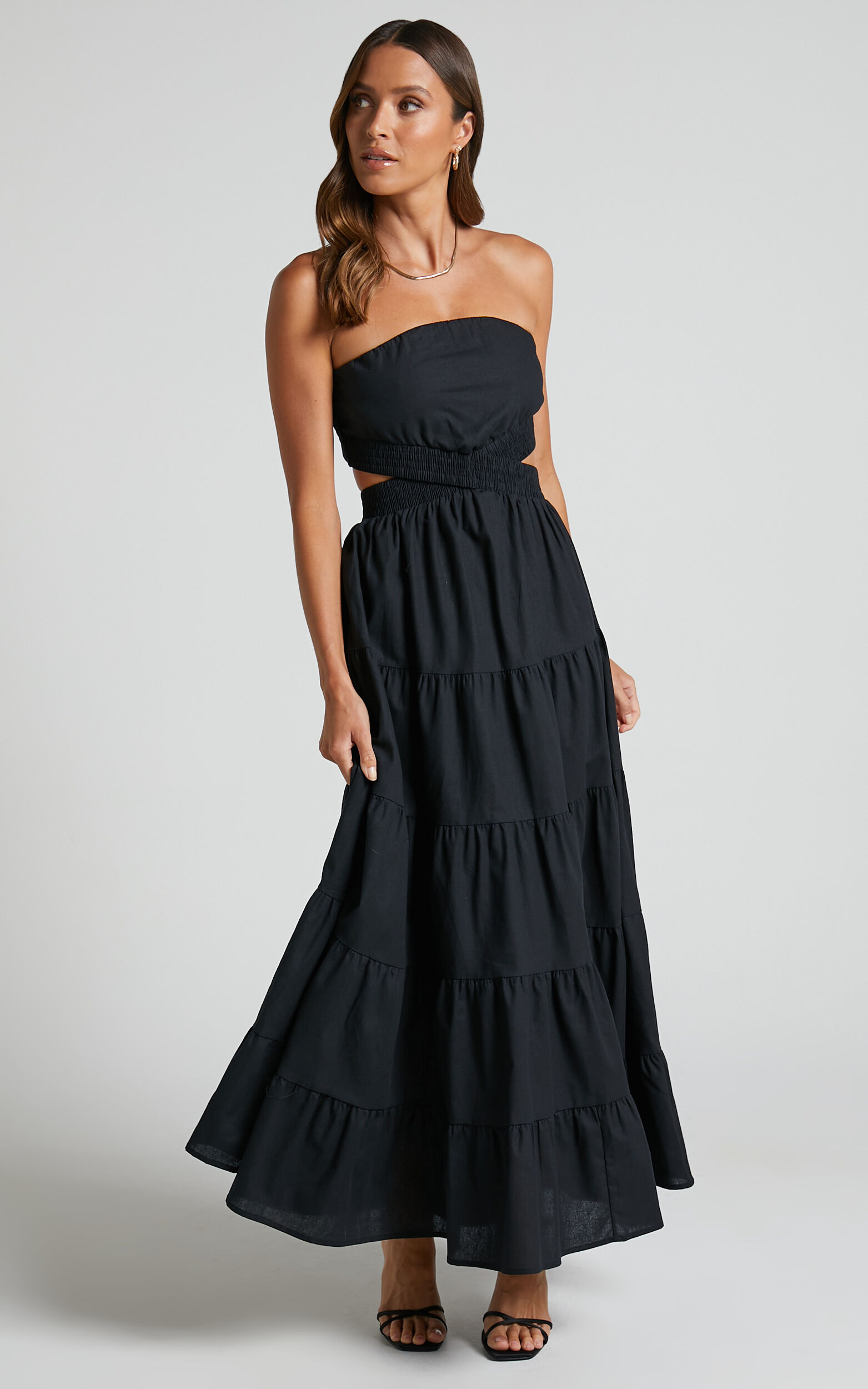 Xiomara Maxi Dress - Strapless Cut Out Tiered Dress in Black