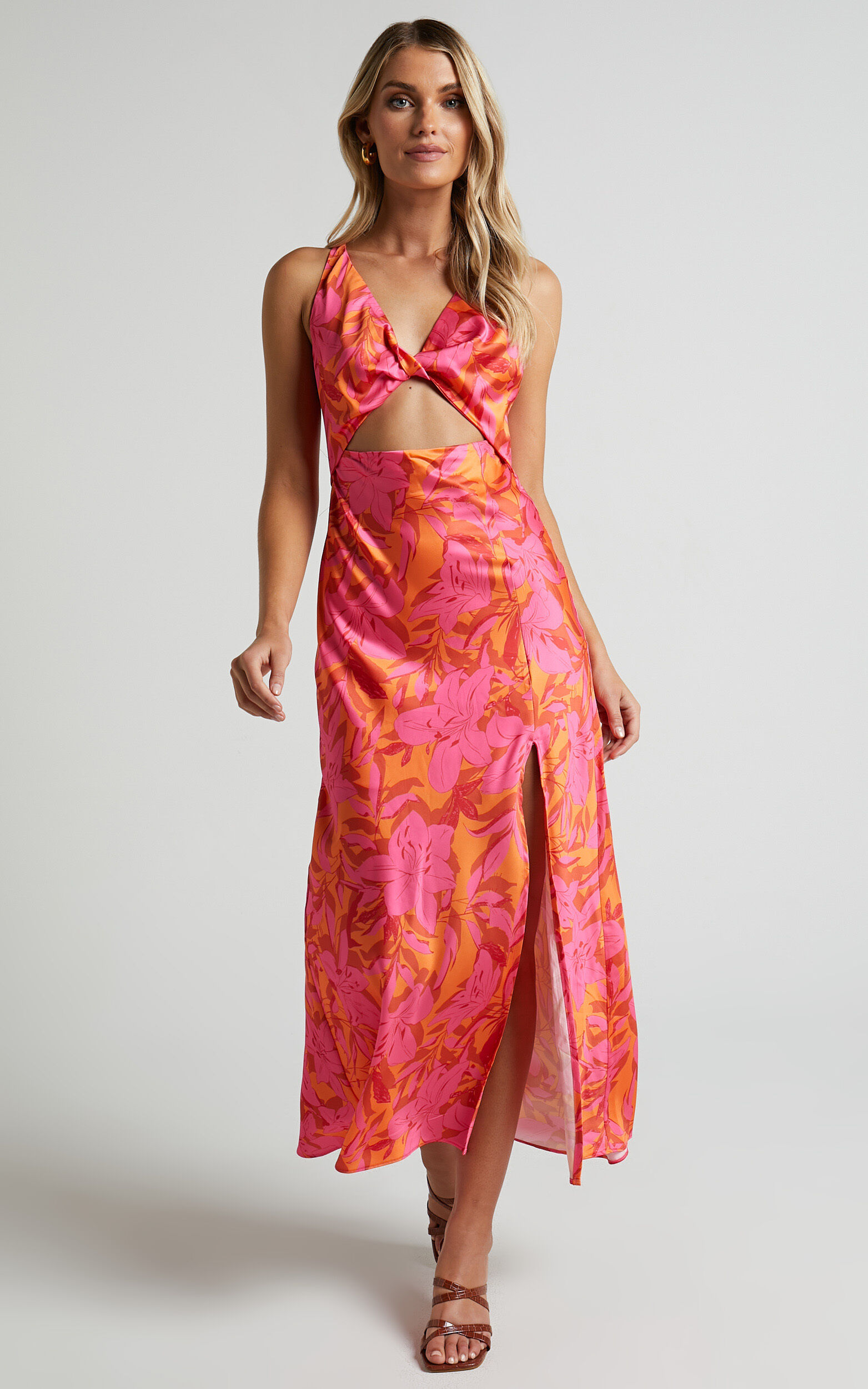 Tove Midi Dress - Twist Front Cut Out Satin Dress in Pink Floral