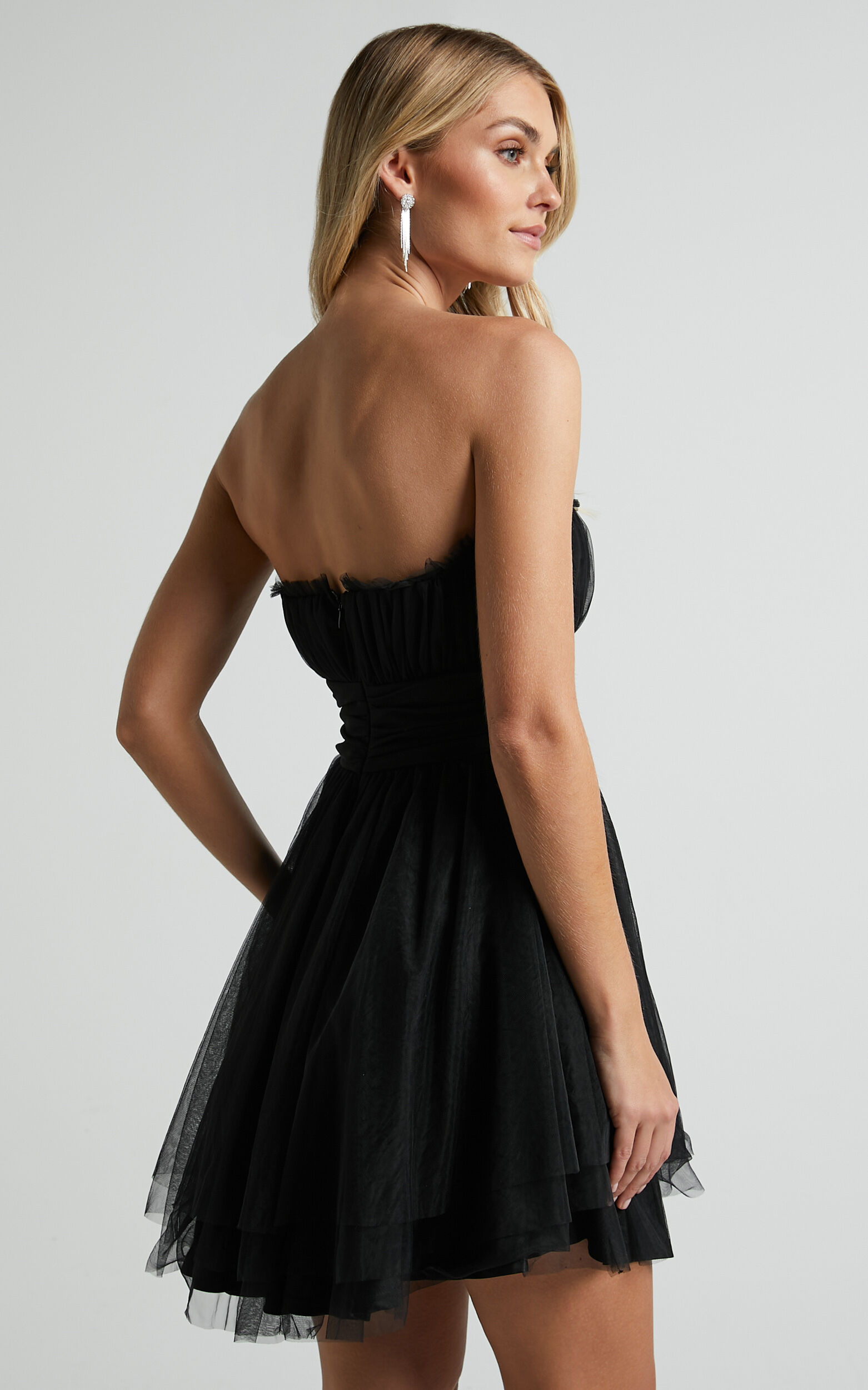 Brooke Mini Dress - Tulle Frill Detail Mini Dress in Black