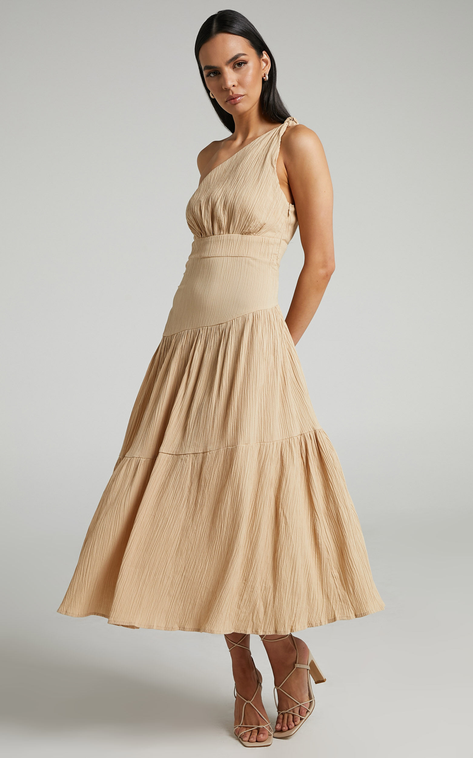 Celestia Midi Dress - Tiered One Shoulder Dress in Sand