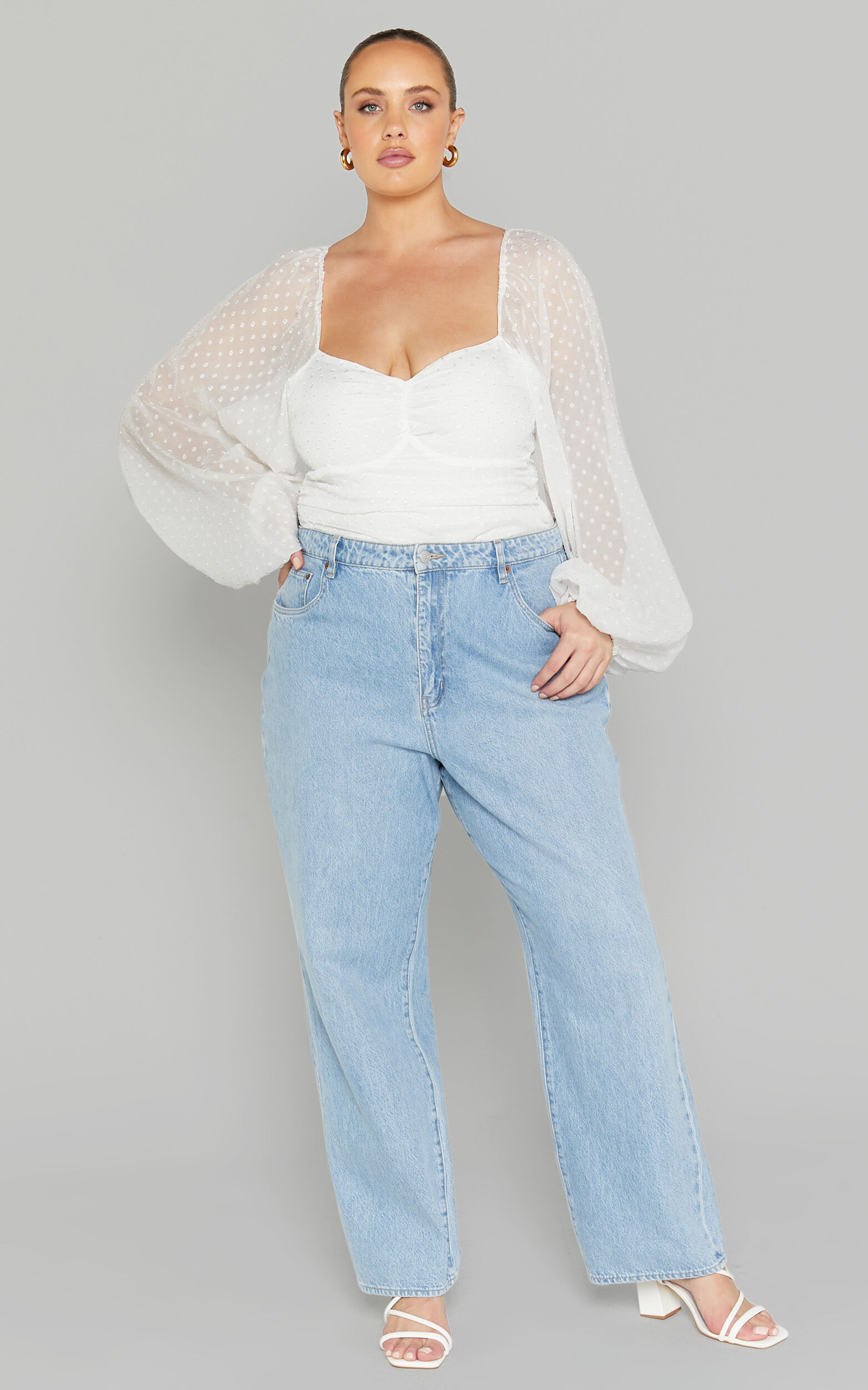 Conny Bodysuit - Spotted Balloon Sleeve Sweetheart Bodysuit in Ivory