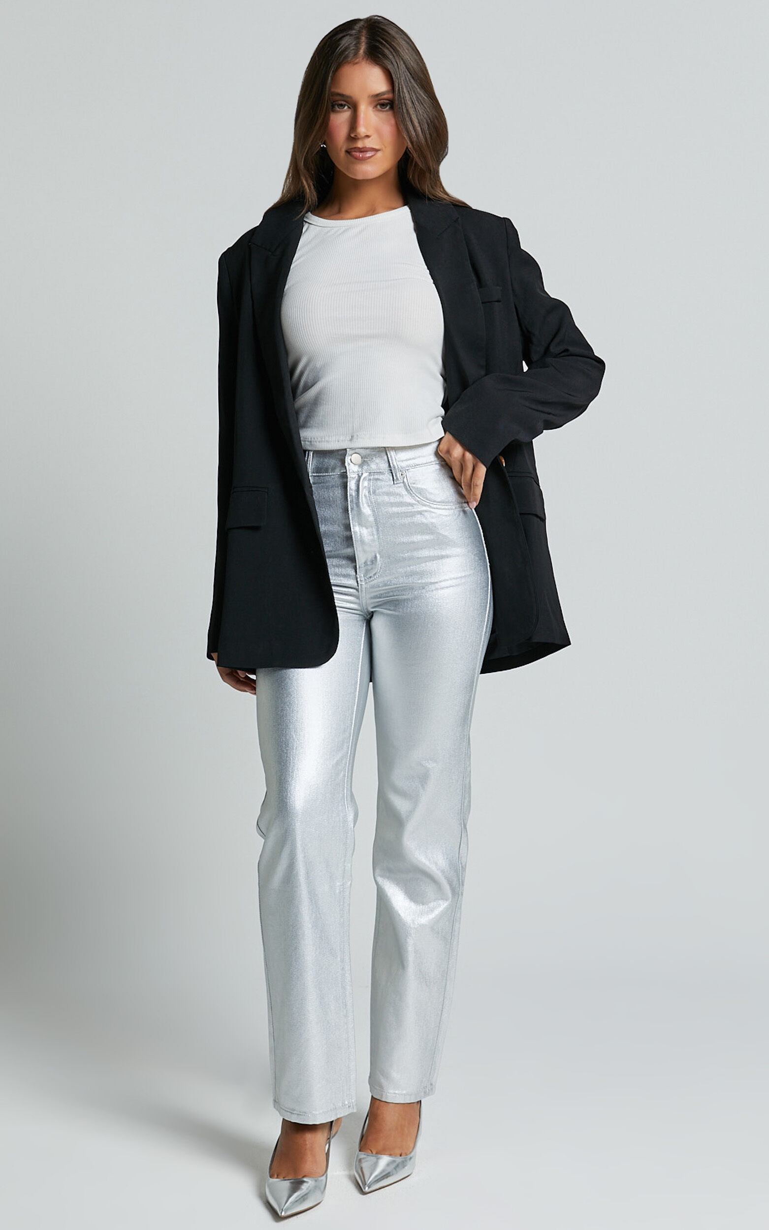 Addison Jeans - High Waisted Metallic Jeans in Silver