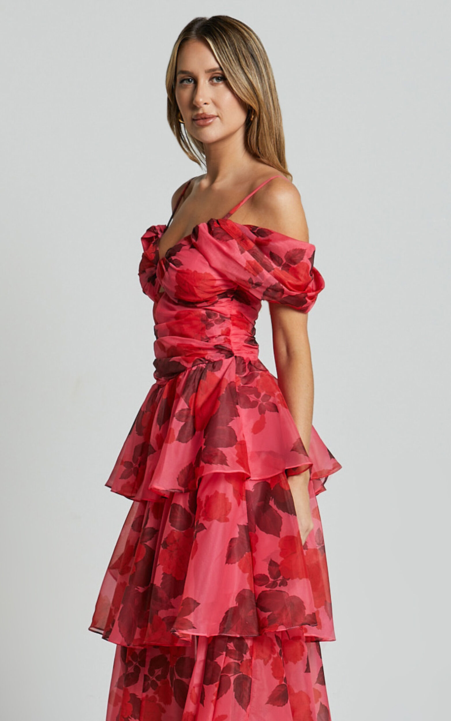 Xena Midi Dress - Off The Shoulder Cut Out Front Layered Dress in Pink Print