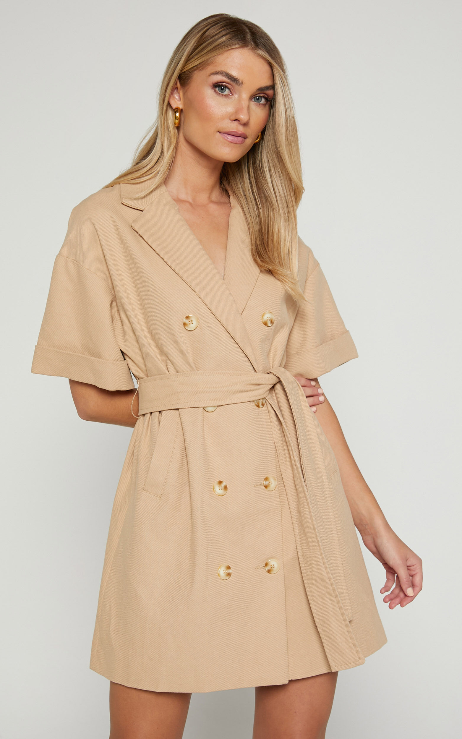Cyrus Mini Dress - Waist Wrap Short Sleeve Blazer Mini Dress in Stone
