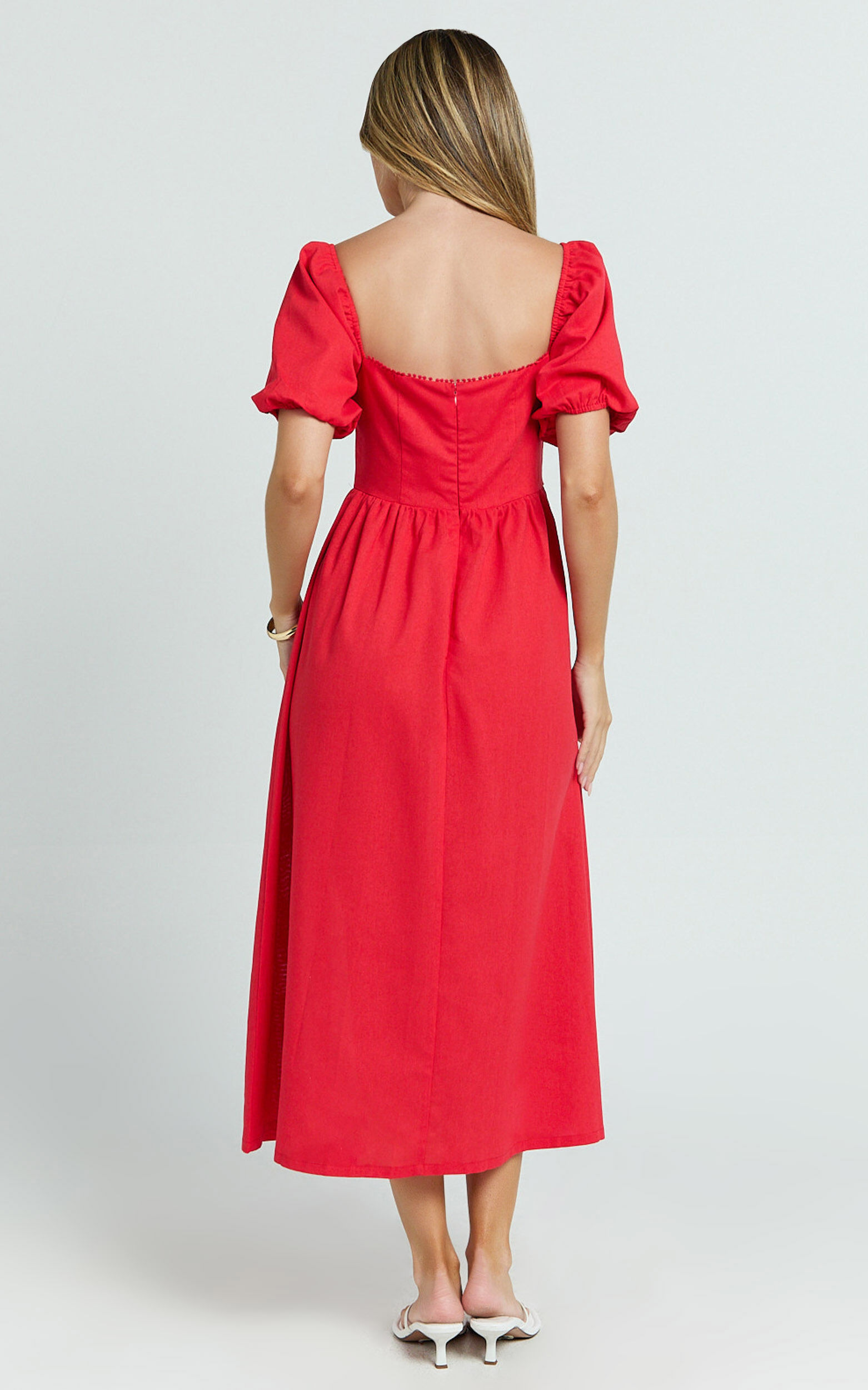 Quinn Midi Linen Dress - Puff Sleeve Square Neck Dress in Red