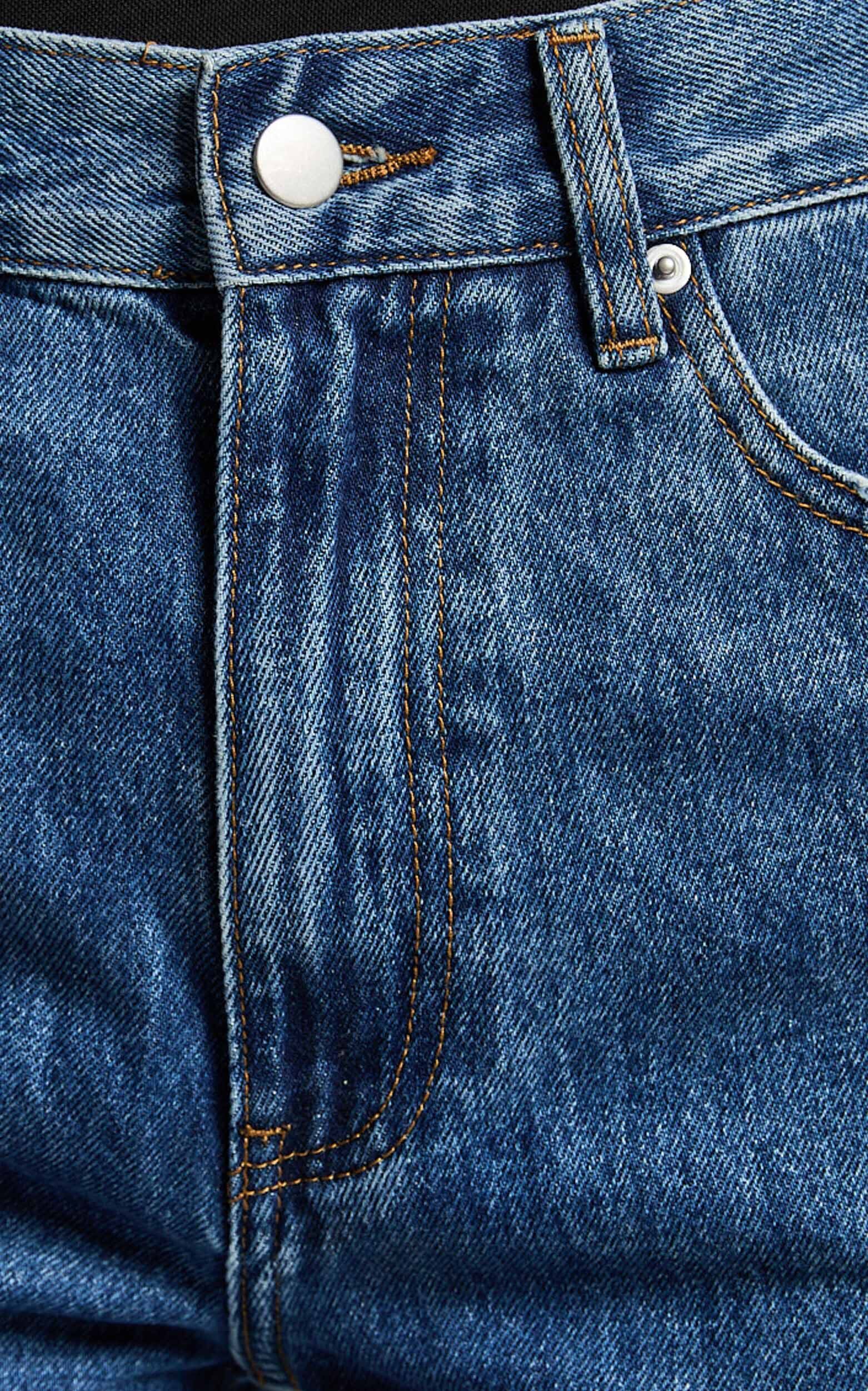 Miho Jeans - High Waisted Recycled Cotton Distressed Straight Leg Denim Jeans in Dark Blue Wash