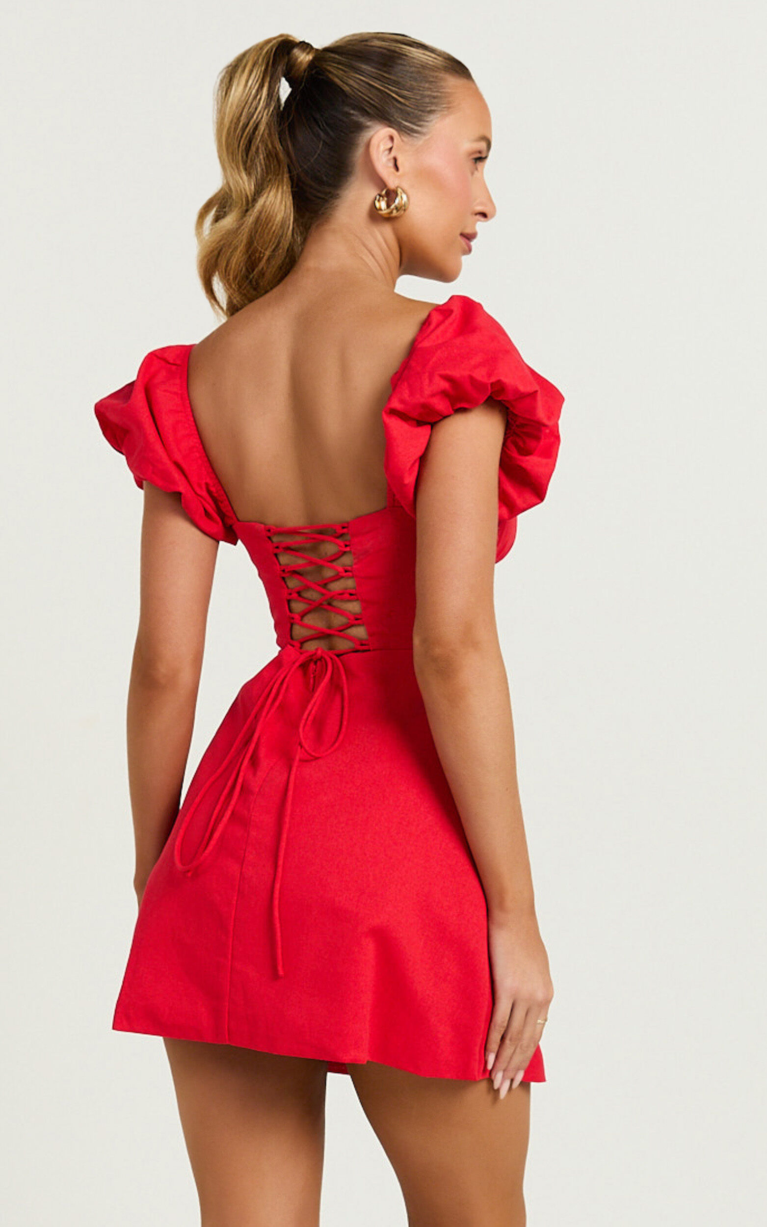 Ginny Mini Dress - Square Neck Ruched Bodice Puff Sleeve Straight Dress in Red