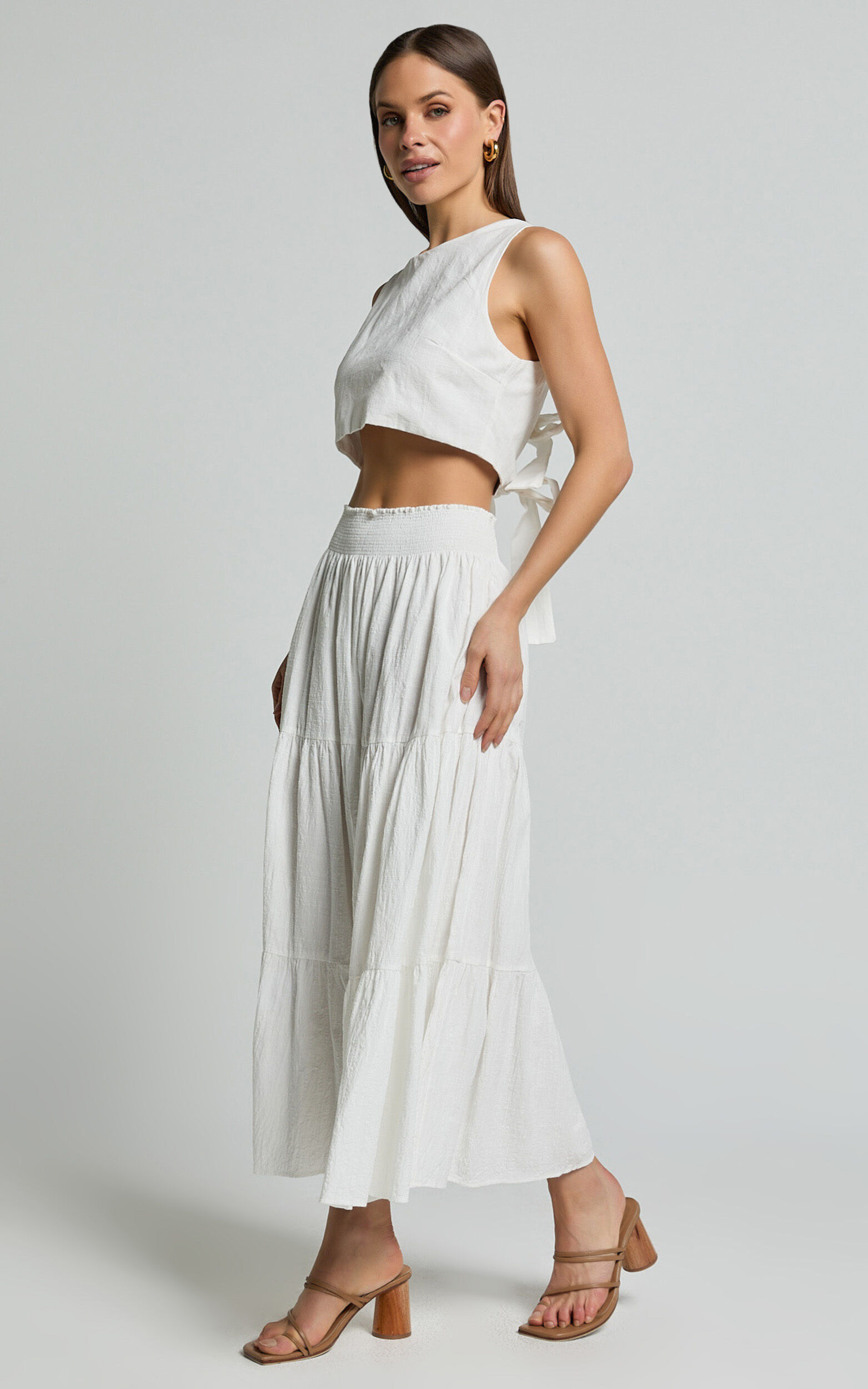 Ruby Midi Skirt - Shirred High Waist Cotton Tiered Midi Skirt in Off White