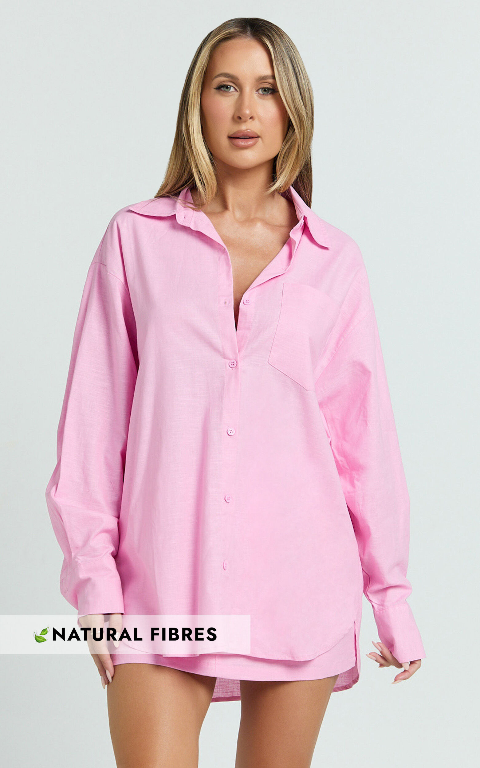 Anziel Top - Oversized Long Sleeve Linen Blend Shirt in Pale Pink