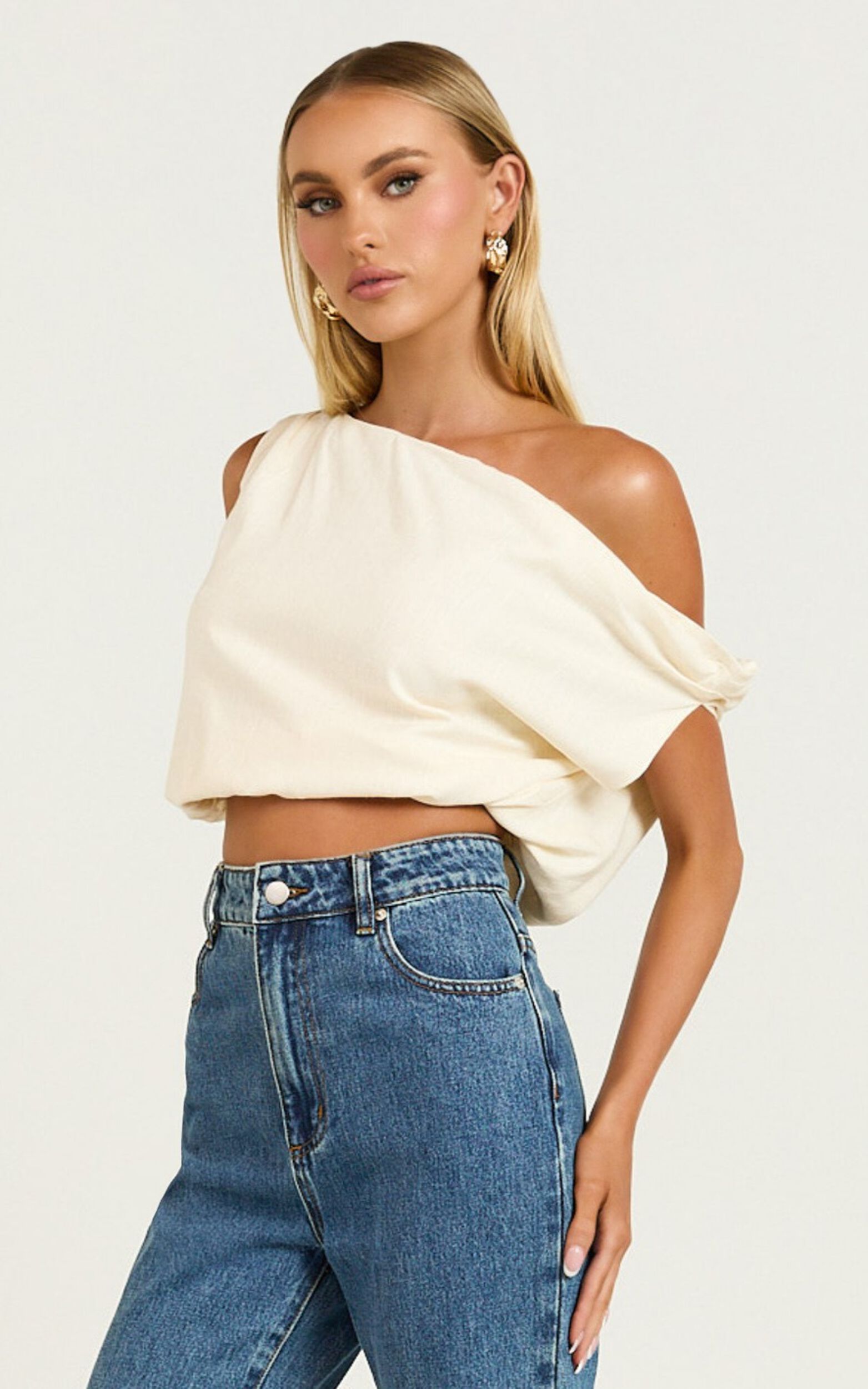 Collins Linen Top - Draped Asymmetrical Neckline Top in Stone