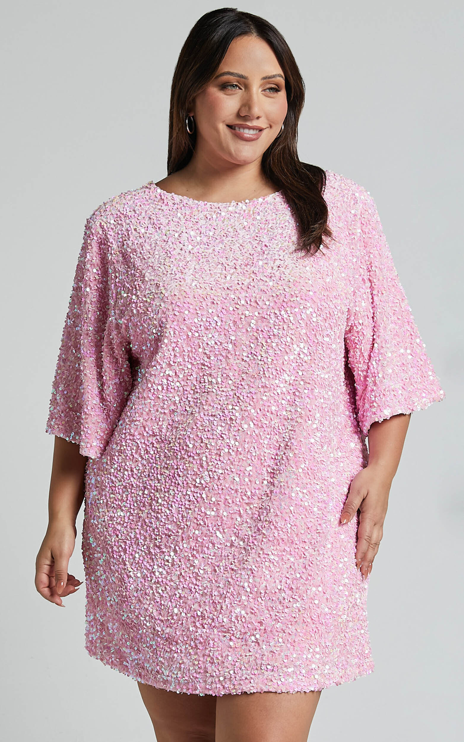 Valetta Mini Dress - Sequin low back shift dress in Pink Sequin