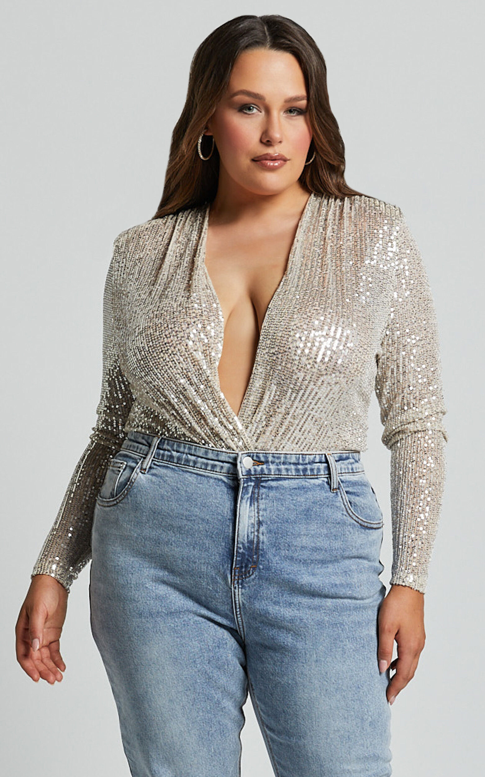 Alora Bodysuit - Sequin Wrap Front Long Sleeve Bodysuit in Silver