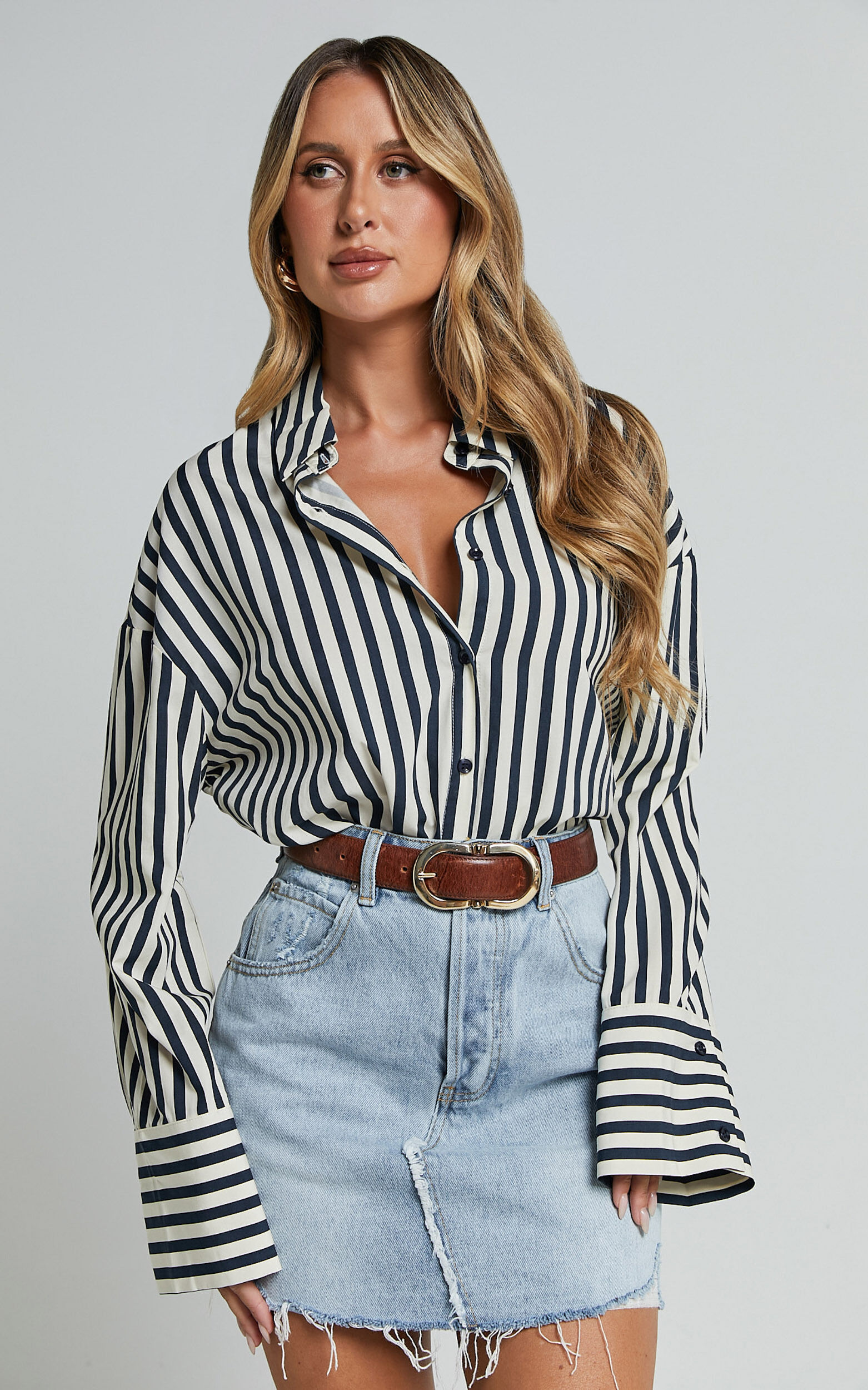 Anderson Top - Collared Long Sleeve Shirt in Navy Stripe