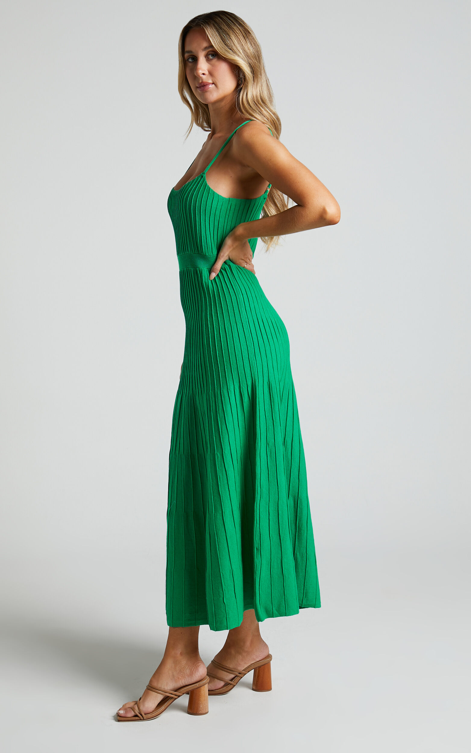 Donissa Midi Dress - Panelled Knit Dress in Green