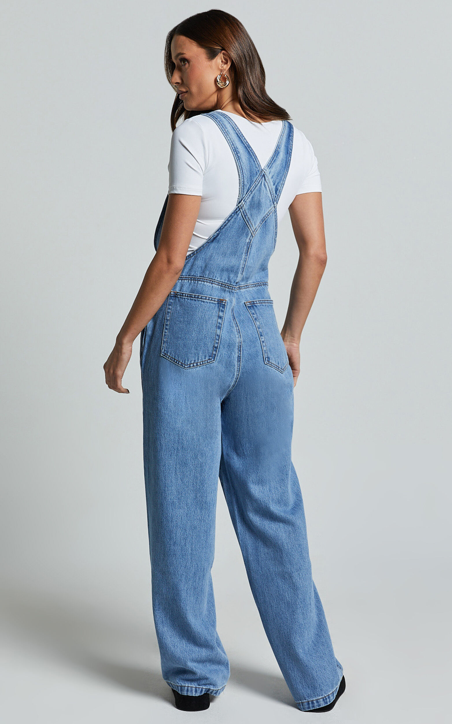 Brixton Jumpsuit - Straight Leg Denim Overalls in Mid Blue Wash
