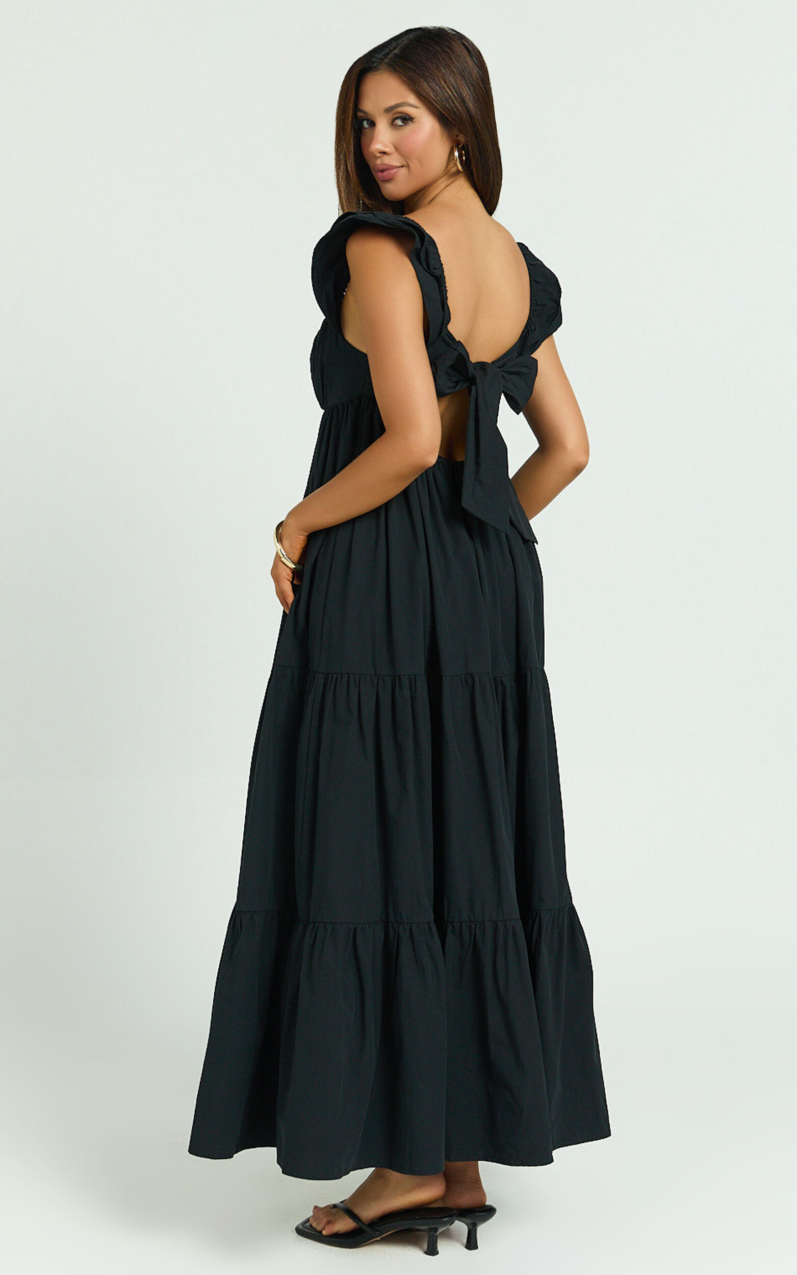 Brienne Midi Dress - Flutter Sleeve Tie Back Dress in Black