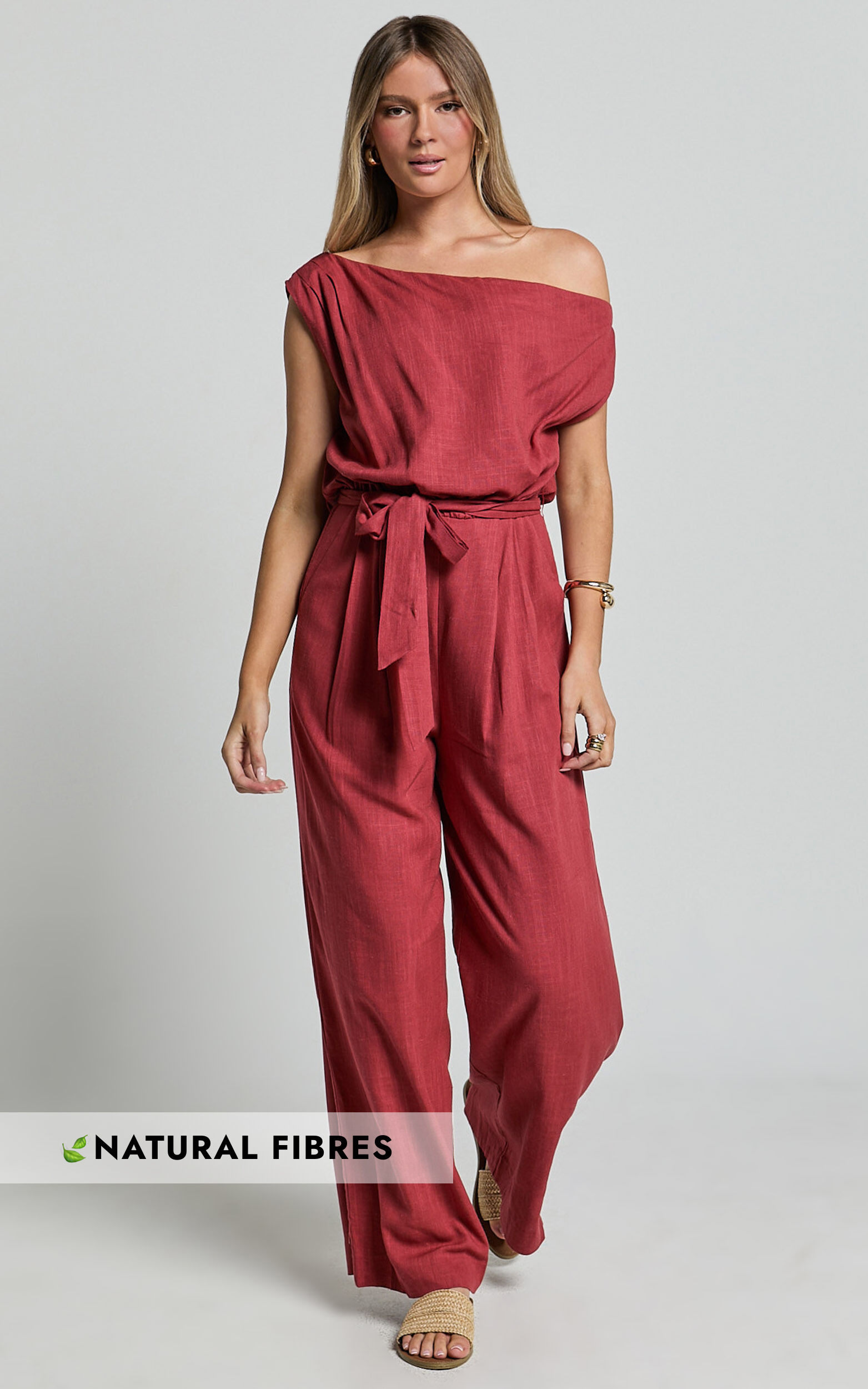 Adria Jumpsuit - Asymmetrical Short Sleeve Linen Jumpsuit in Clay