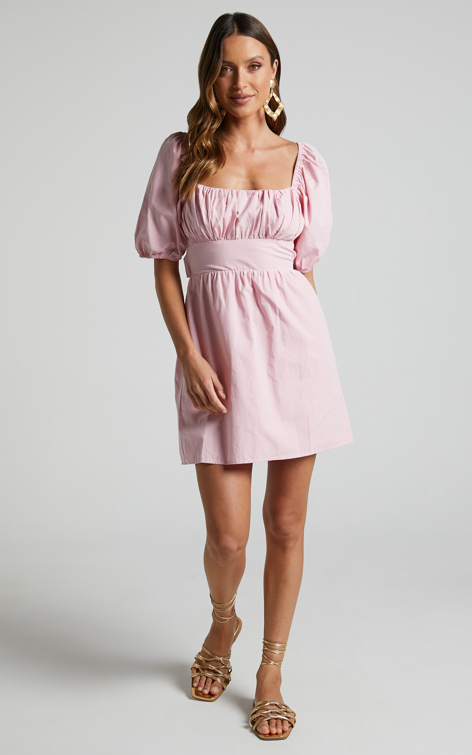 Branson Mini Dress - Short Puff Sleeve Tie Back Dress in Pink