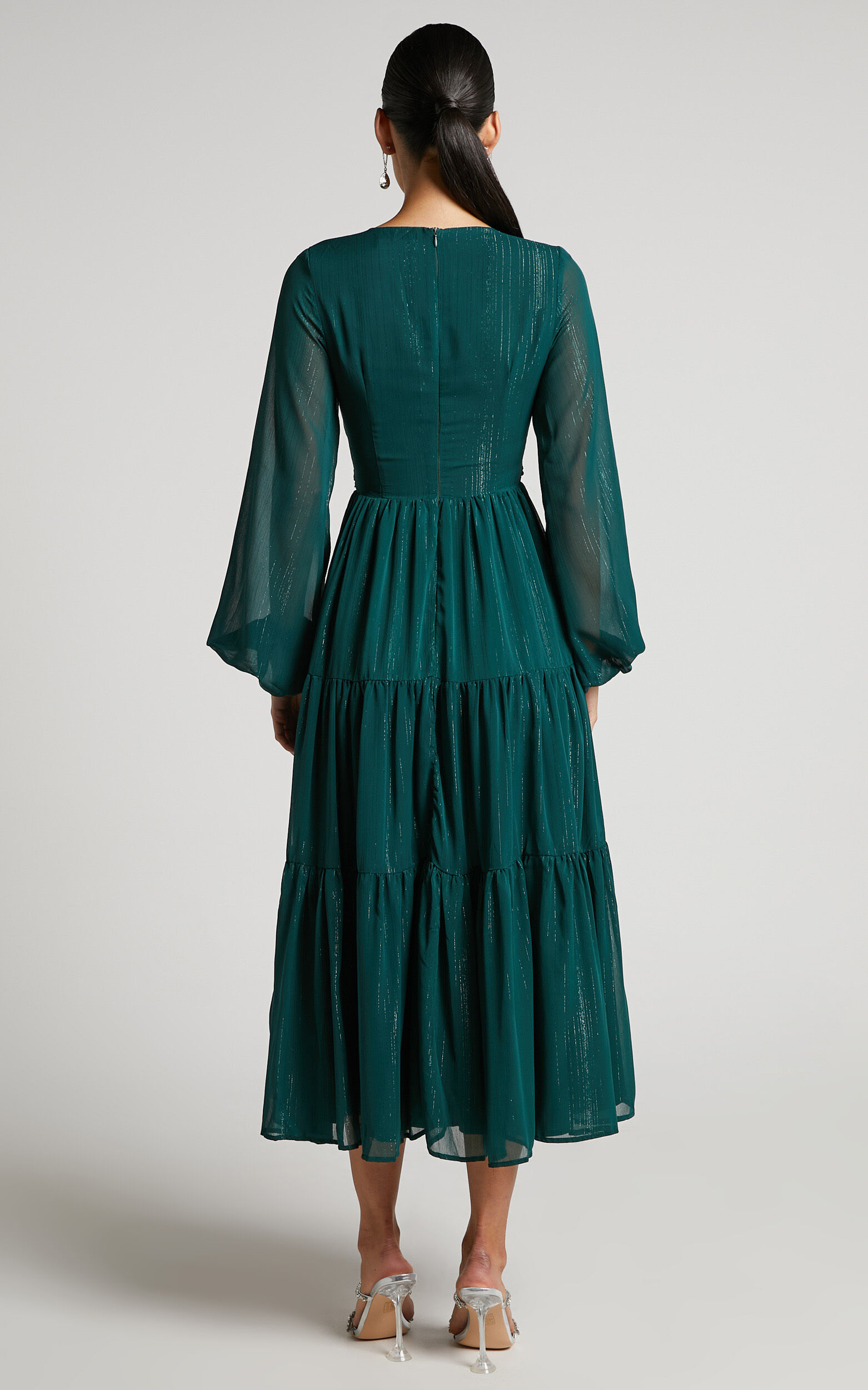 Edelyn Midi Dress - Cut Out Balloon Sleeve Tiered Dress in Emerald