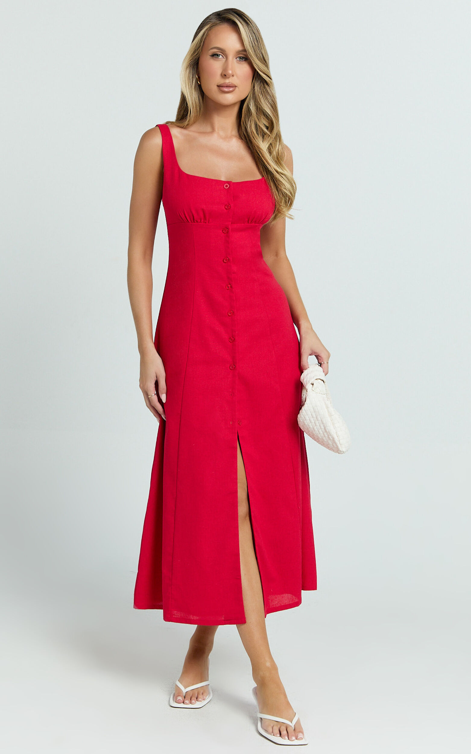 Cameron Midi Dress - Button Front Tie Back Dress in Red