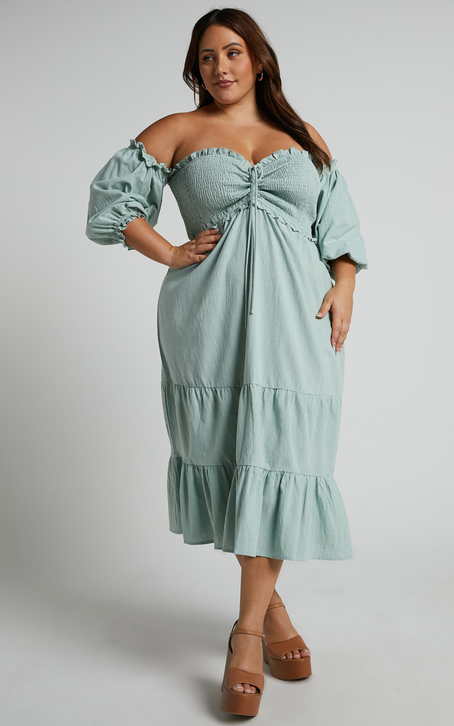 Nikka Midi Linen Dress - Shirred Off Shoulder Puff Sleeve Dress in Sage