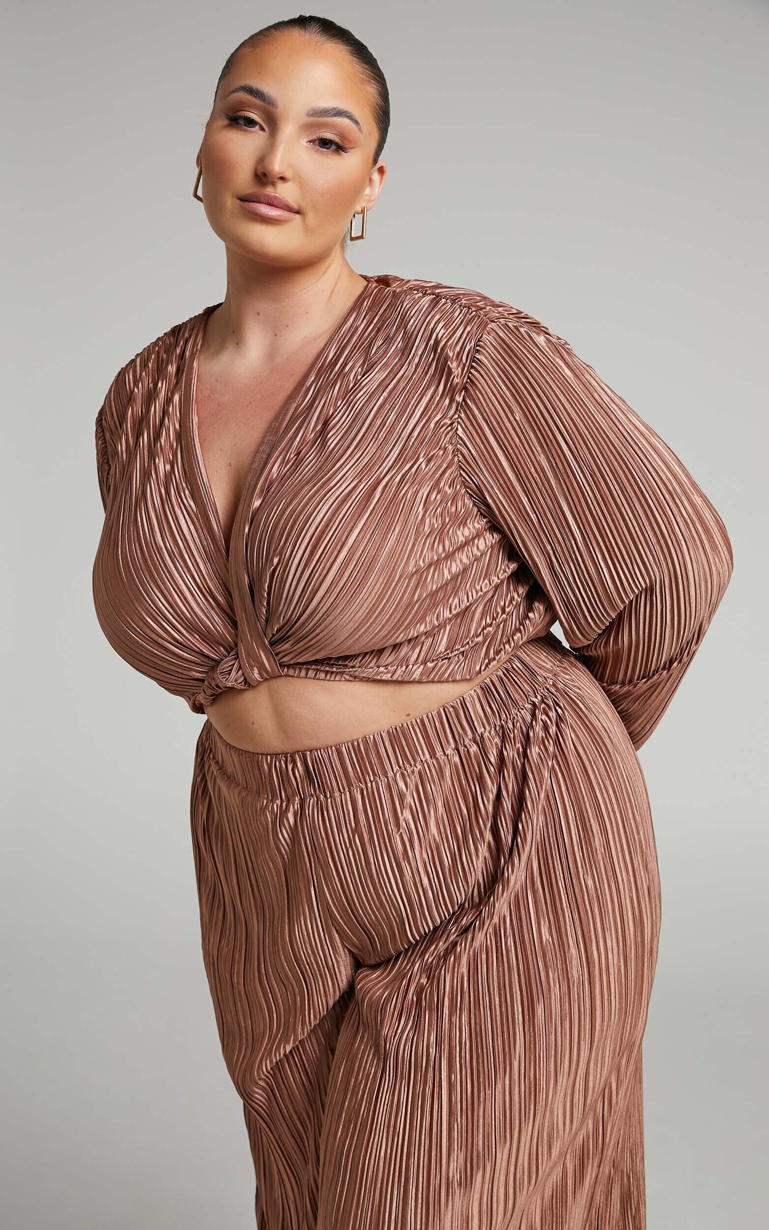 Aluna Two Piece Set - Plisse Twist Front Crop Top and Wide Leg Pants Set in Chocolate