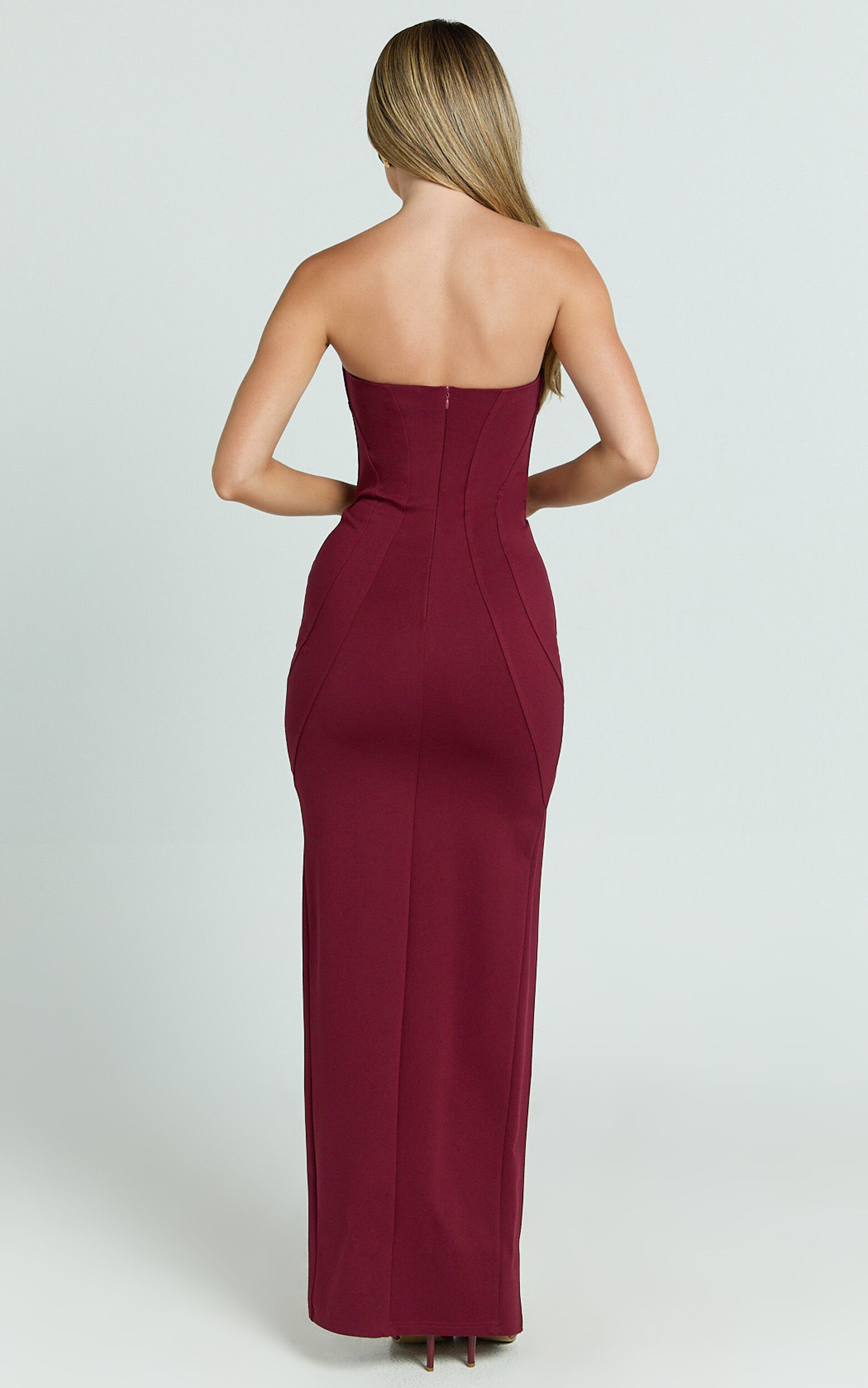 Oriella Maxi Dress - Panelled Thigh Split Strapless Dress in Wine