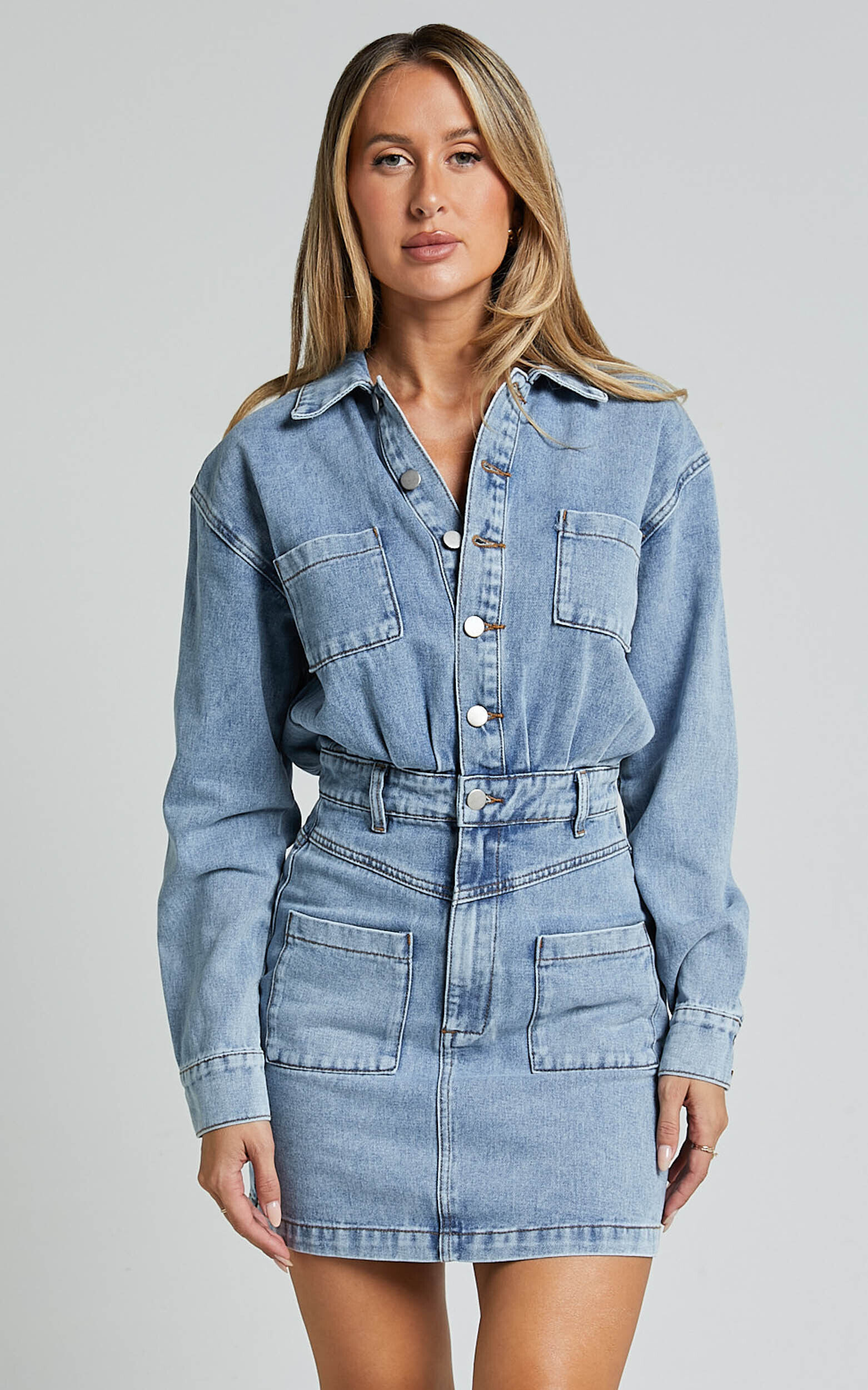 Kamala Mini Dress - Long Sleeve Button Through Denim Dress in Light Blue Wash