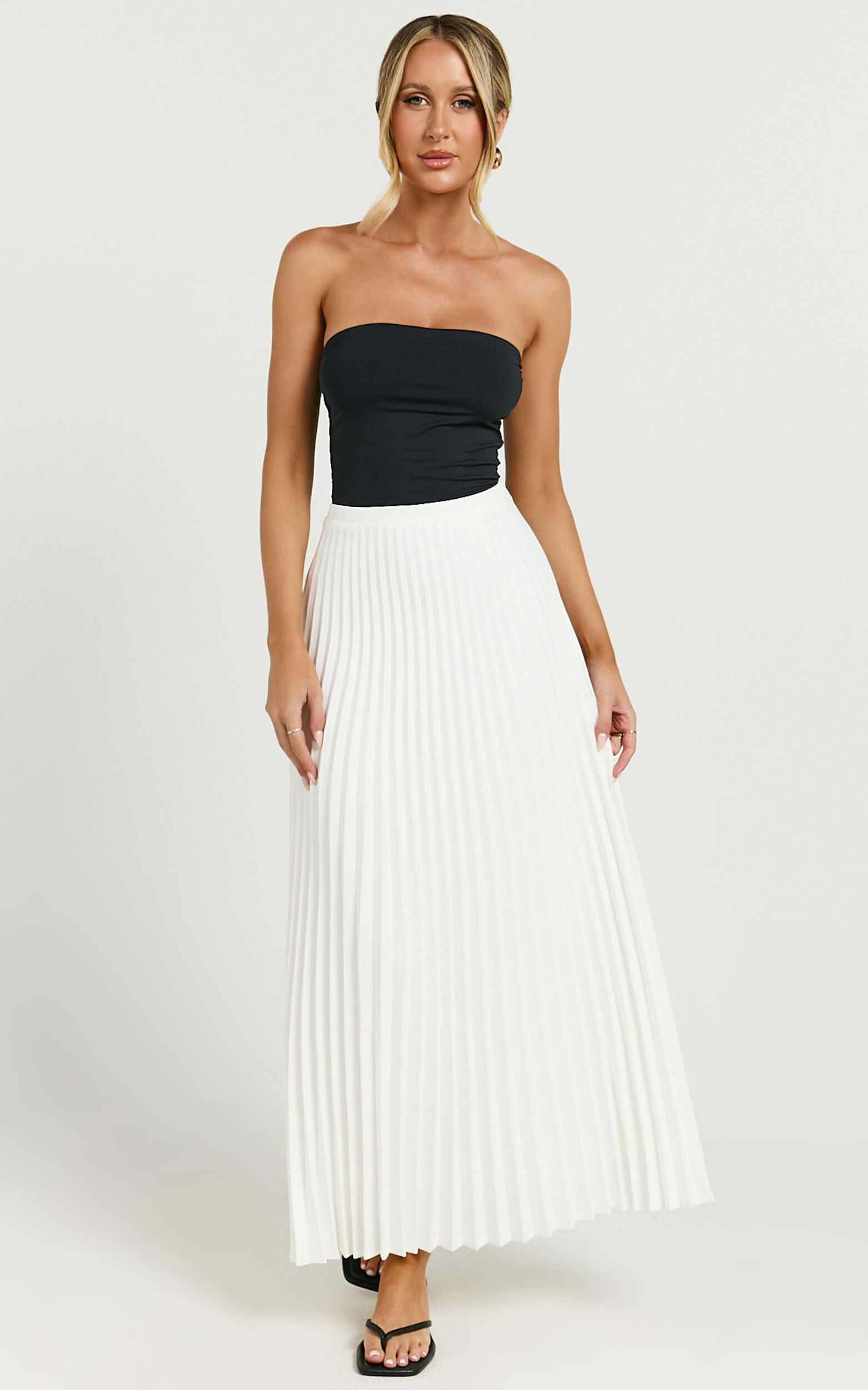 Harlee Midi Skirt - Pleated High Waist A Line Skirt in White