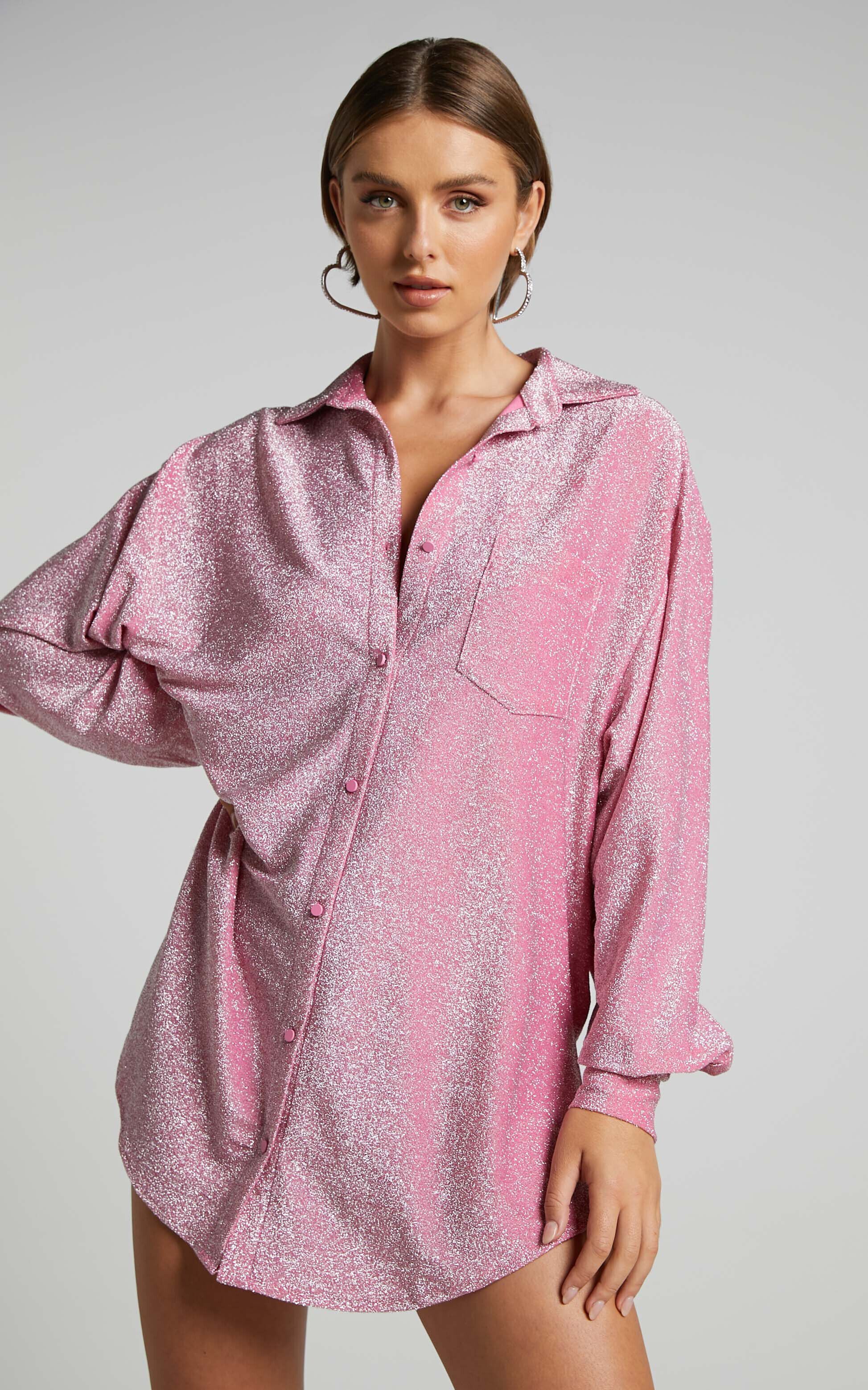 Ruri Mini Dress - Sparkly Oversized Shirt Dress in Pink
