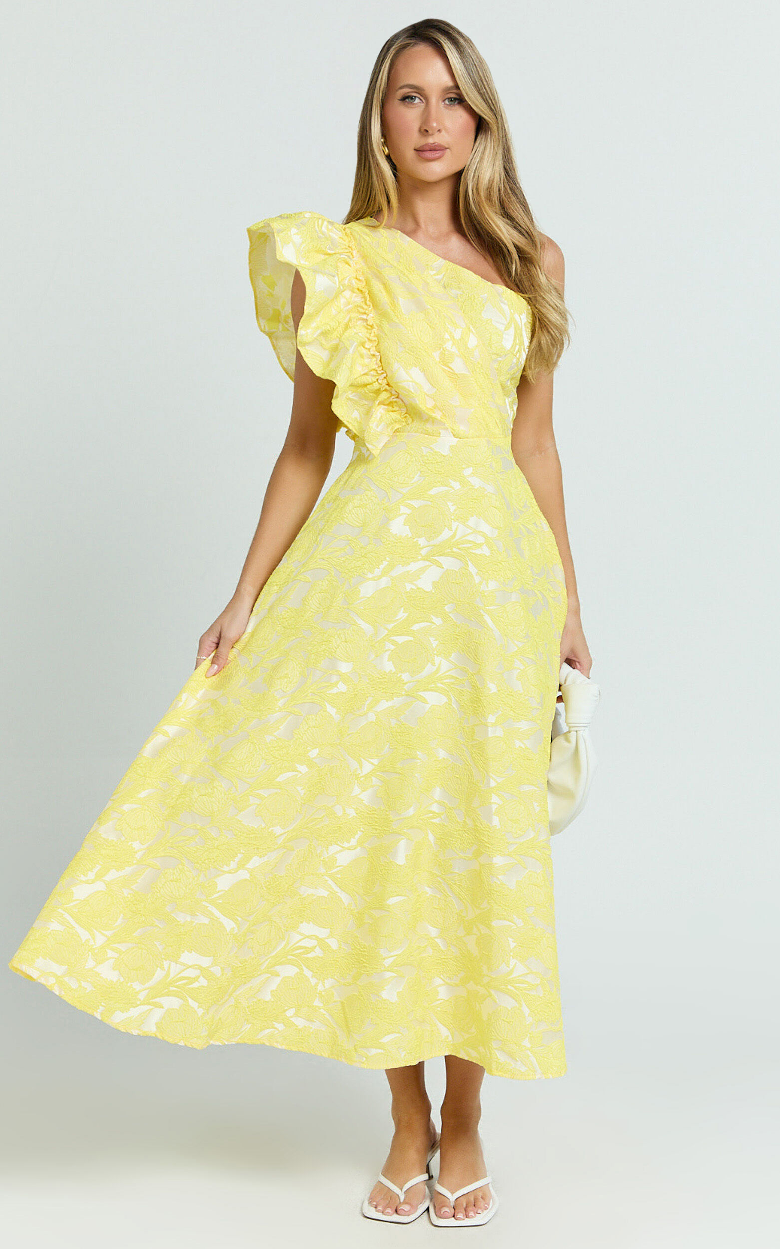 Alfreda Midi Dress - One Shoulder Ruffle Detail Brailey Jacquard Dress in Yellow Jacquard