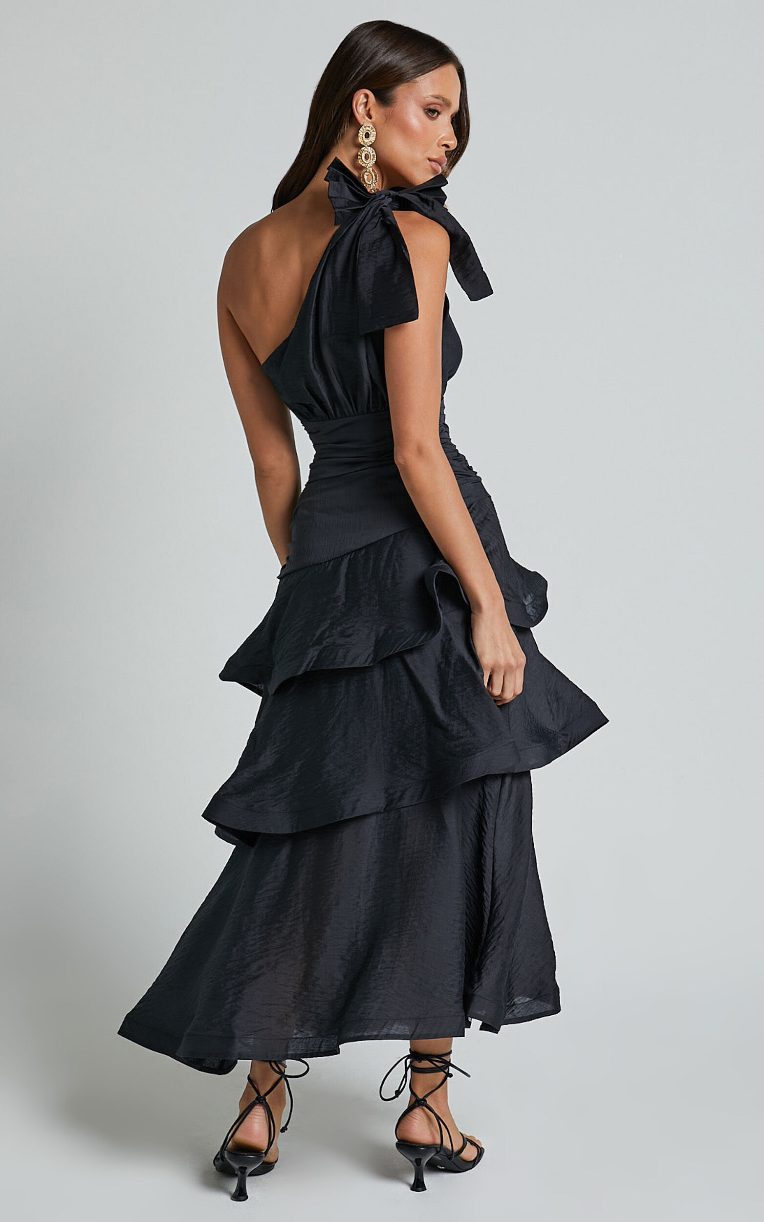 Eugenia Midi Dress - One Shoulder Fit and Flare Layered Dress in Black