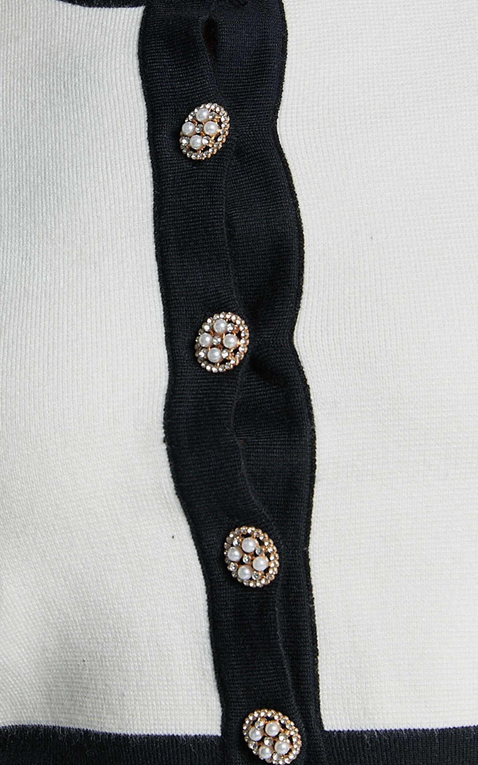 Alyce Cardigan - Button Through Bow Detail Contrast Knit Cardigan in White & Black