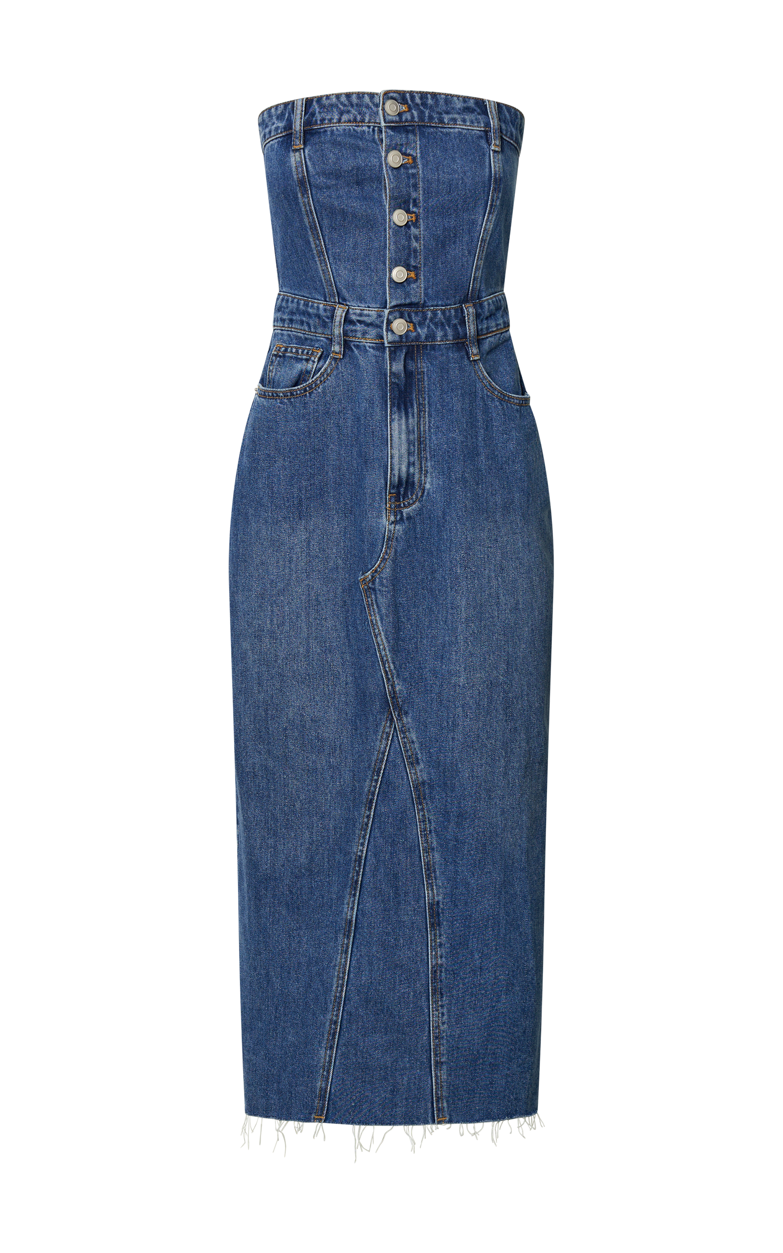 Keyla Midi Dress - Denim Strapless Button Front Shirred Back in Mid Blue Wash